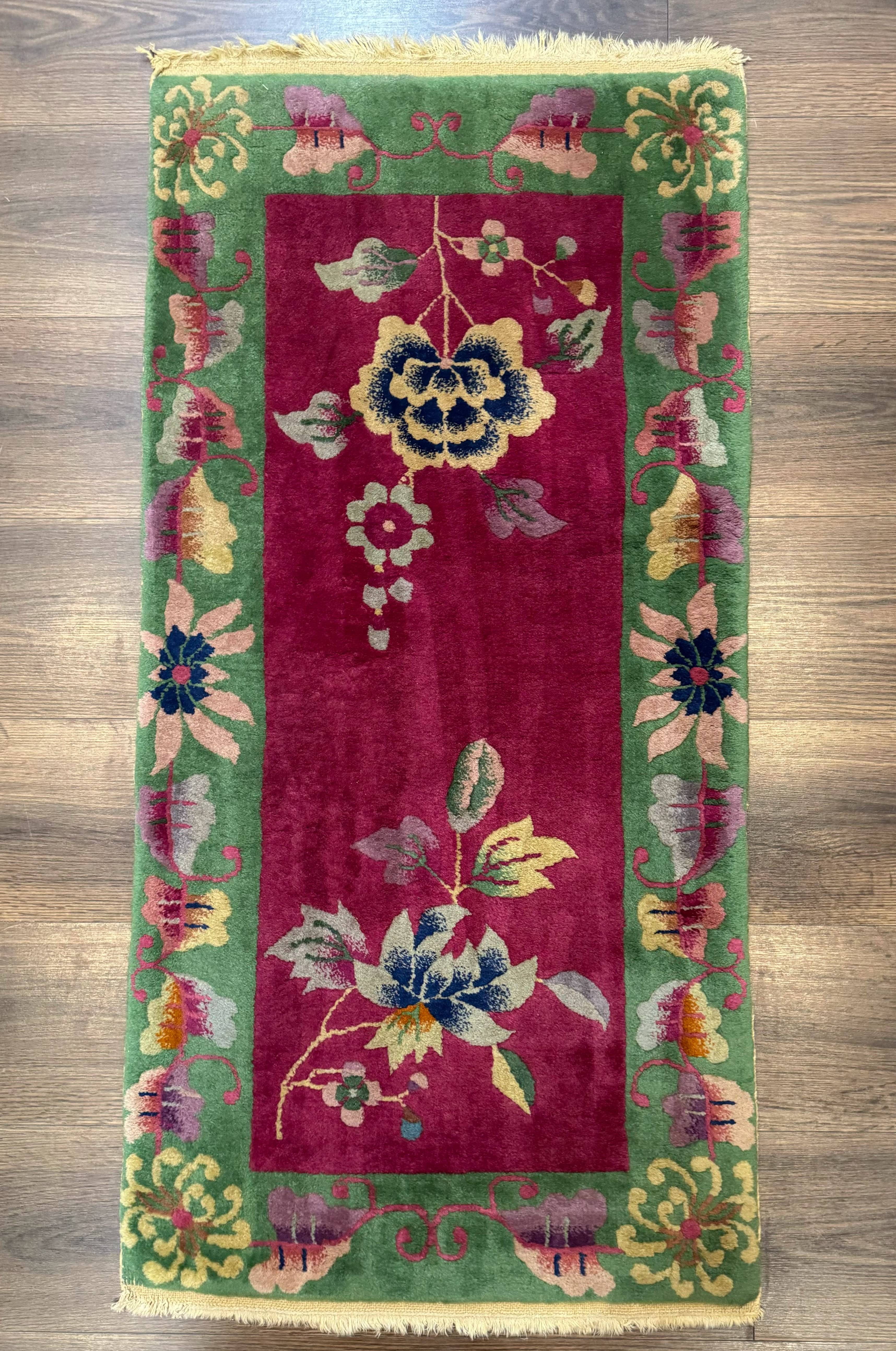 Small Chinese Art Deco Rug 2x4, Magenta and Green, Nichols Carpet, Floral, Wool - Jewel Rugs
