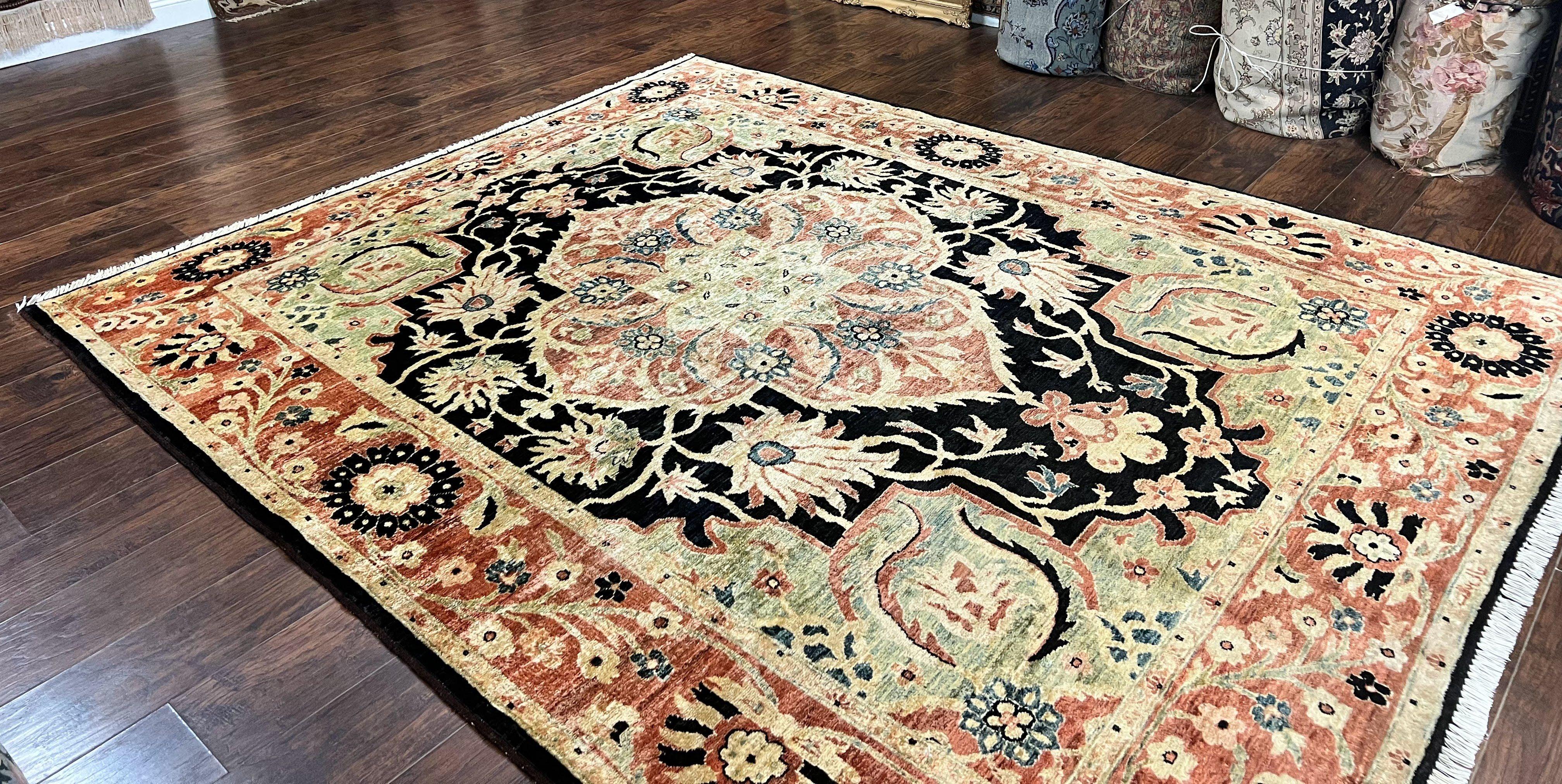 Pak Persian Rug 8x10, Pakistani Mahal Sultanabad Carpet, Signature from Master Weaver, Shiny Wool, Black Red Vintage Handmade Medallion Rug - Jewel Rugs