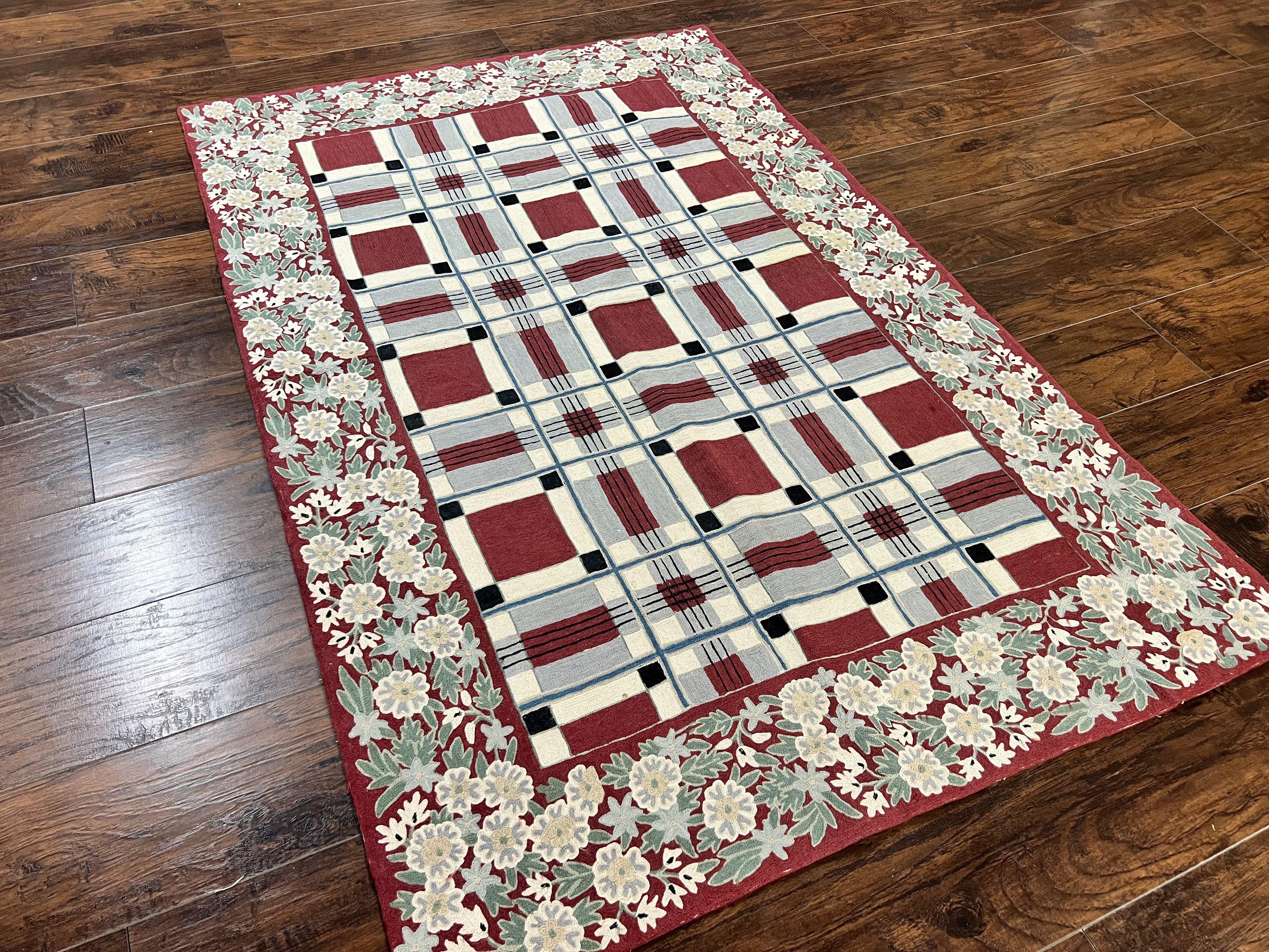 Indian Hand Stitched Rug 4x6, Vintage Carpet, Checkerboard Floral Pattern, Maroon Ivory, Flatweave, Wool - Jewel Rugs