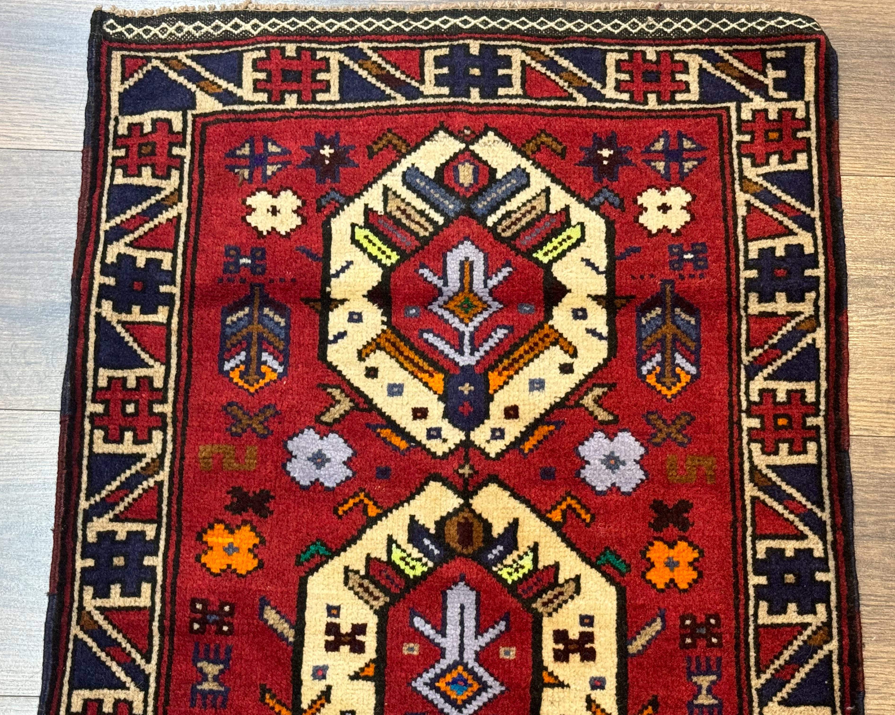 Small Persian Tribal Rug, Red and Ivory, Baluch Rug - Jewel Rugs
