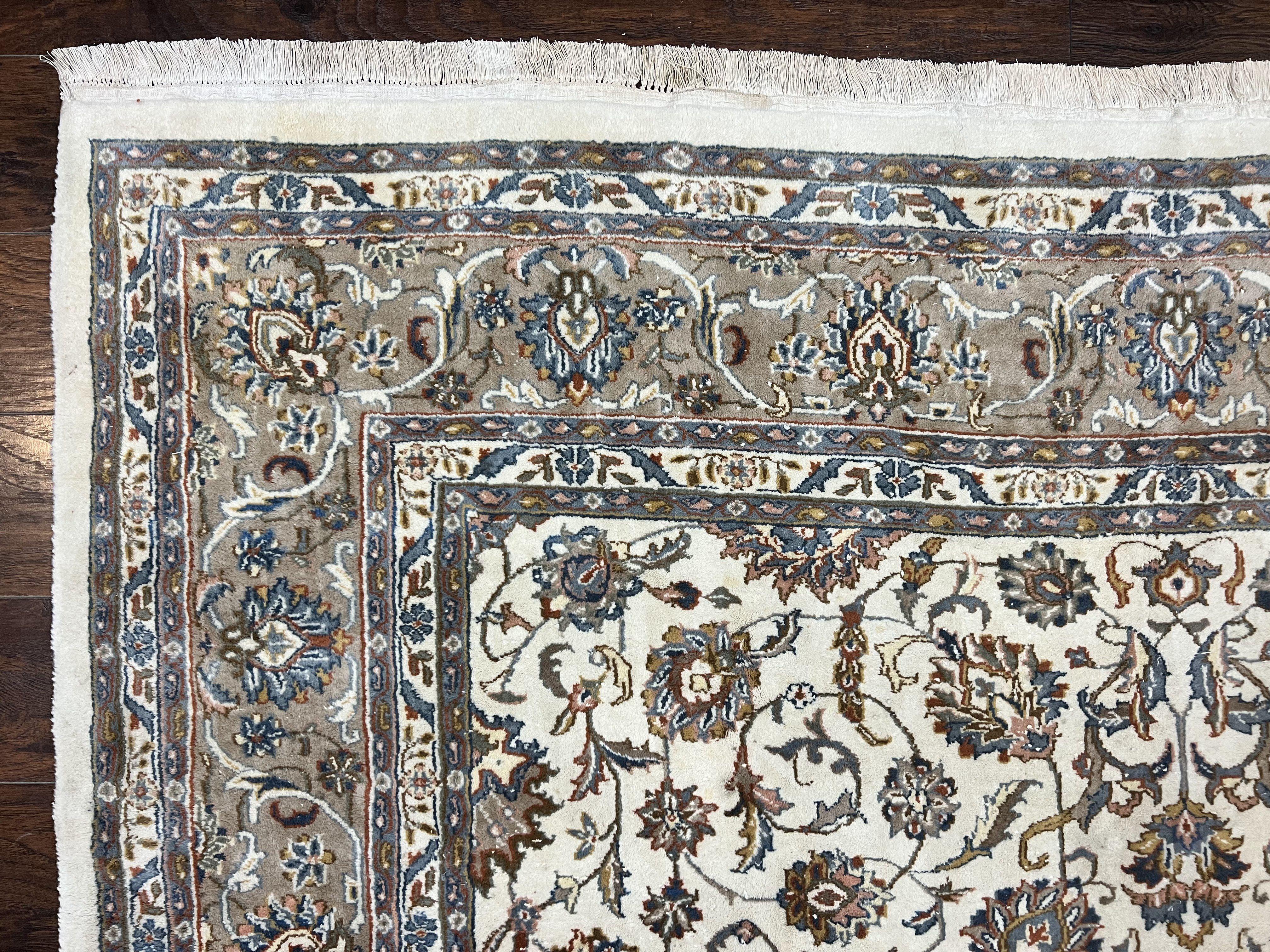 Indo Persian Rug 8x10, Floral Allover, Ivory and Gray, Handmade Vintage Wool Carpet - Jewel Rugs