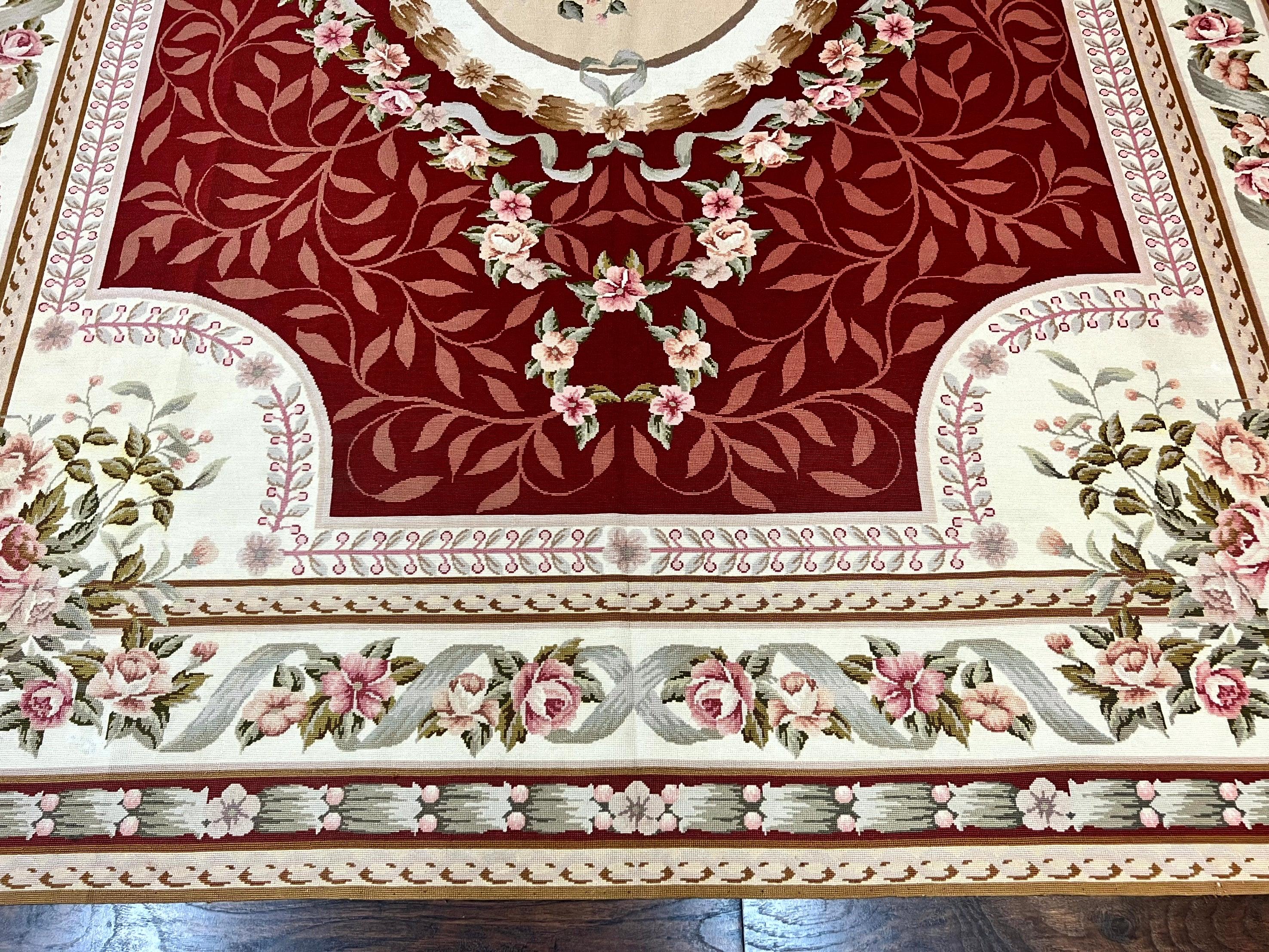 Wonderful Aubusson Rug 9x12, Handmade Vintage Needlepoint Carpet, Red and Ivory, Elegant European Design, Wool - Jewel Rugs