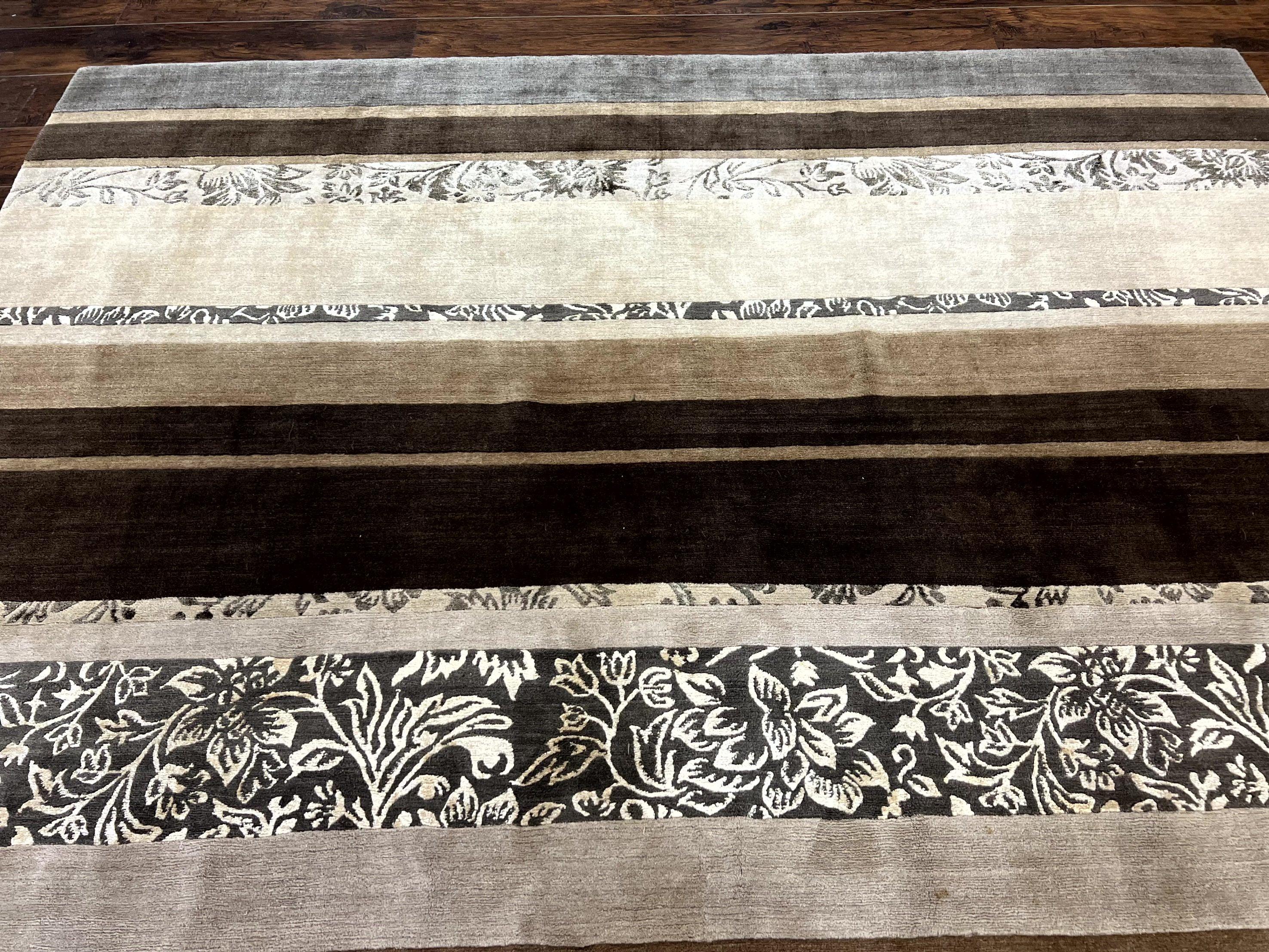 Modern Tibetan Nepali Rug 8x12, Stripe Pattern, Wool with Silk Highlights, Handmade, Beige Tan Brown - Jewel Rugs