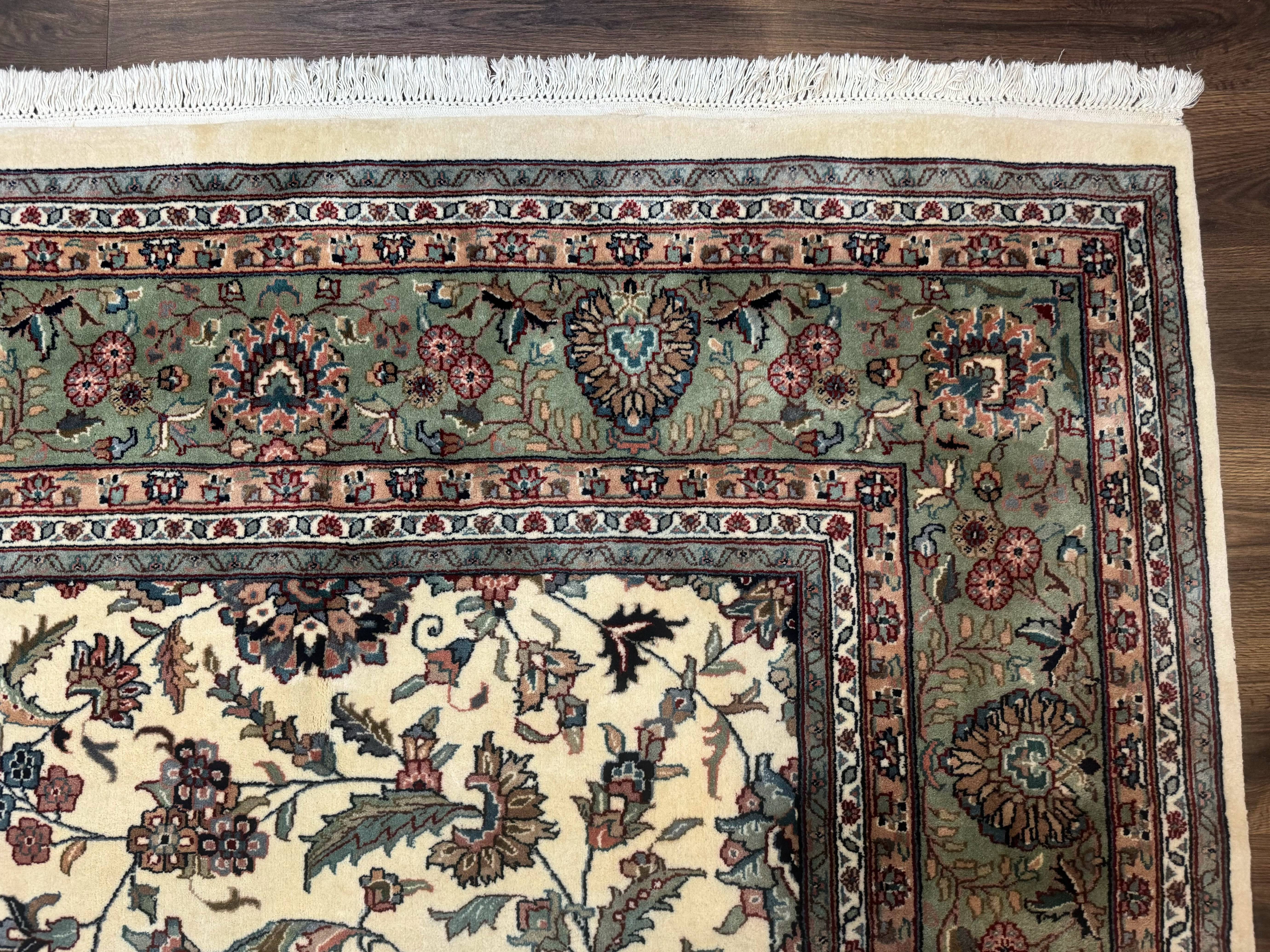 Indo Persian Rug 9x12, Allover Floral Pattern, Ivory & Green, Traditional Oriental Carpet - Jewel Rugs