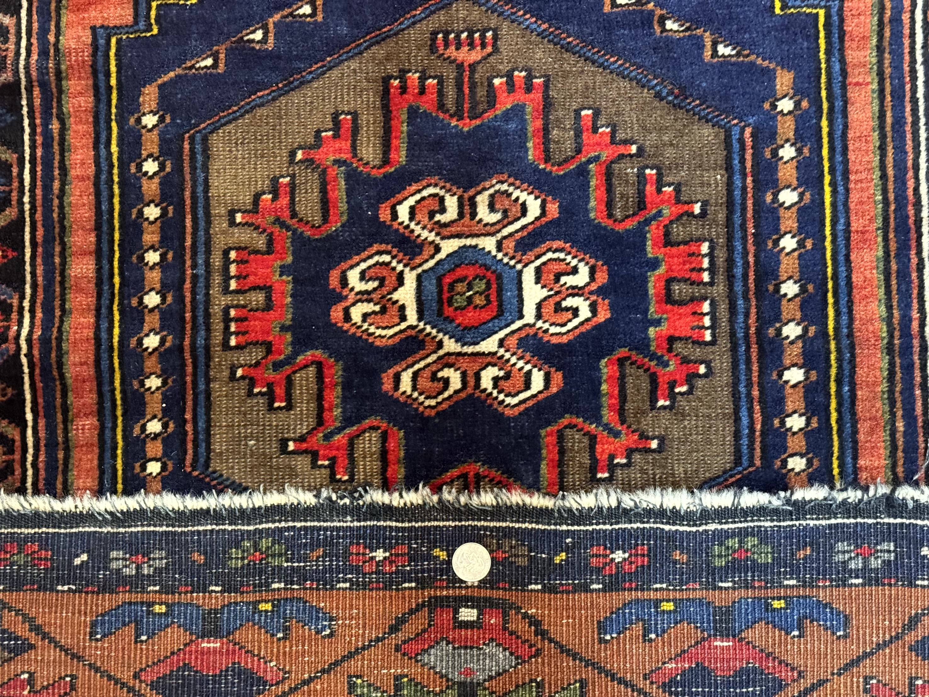 Persian Rug 3x6, Geometric Medallion, Village Tribal Rug, Terracotta and Navy Blue, Antique Nahavand Hamadan Rug - Jewel Rugs