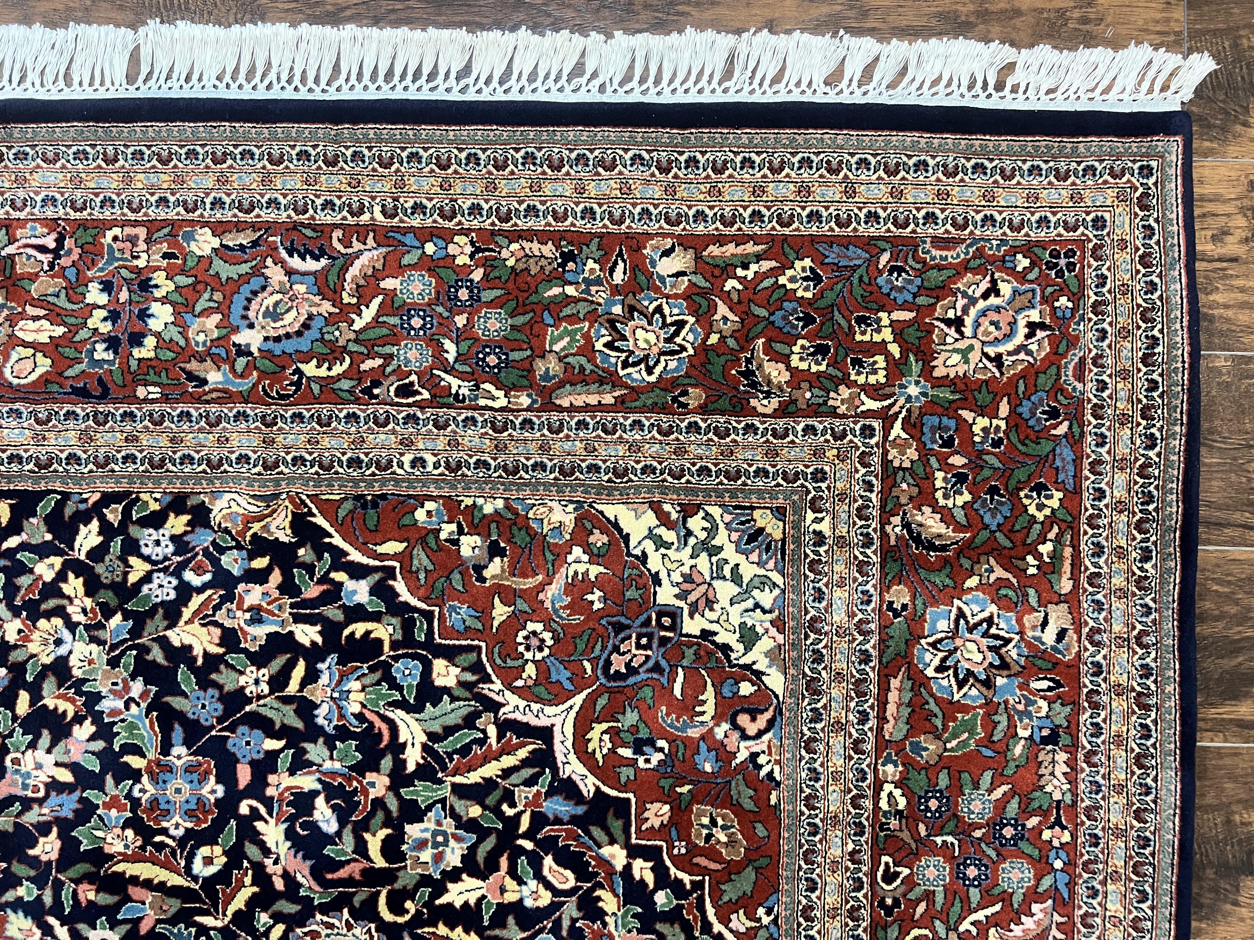 Indo Persian Rug 8x10, Floral Medallion, Vintage Handmade Wool Carpet, Navy Blue and Red, Fine 300 KPSI - Jewel Rugs