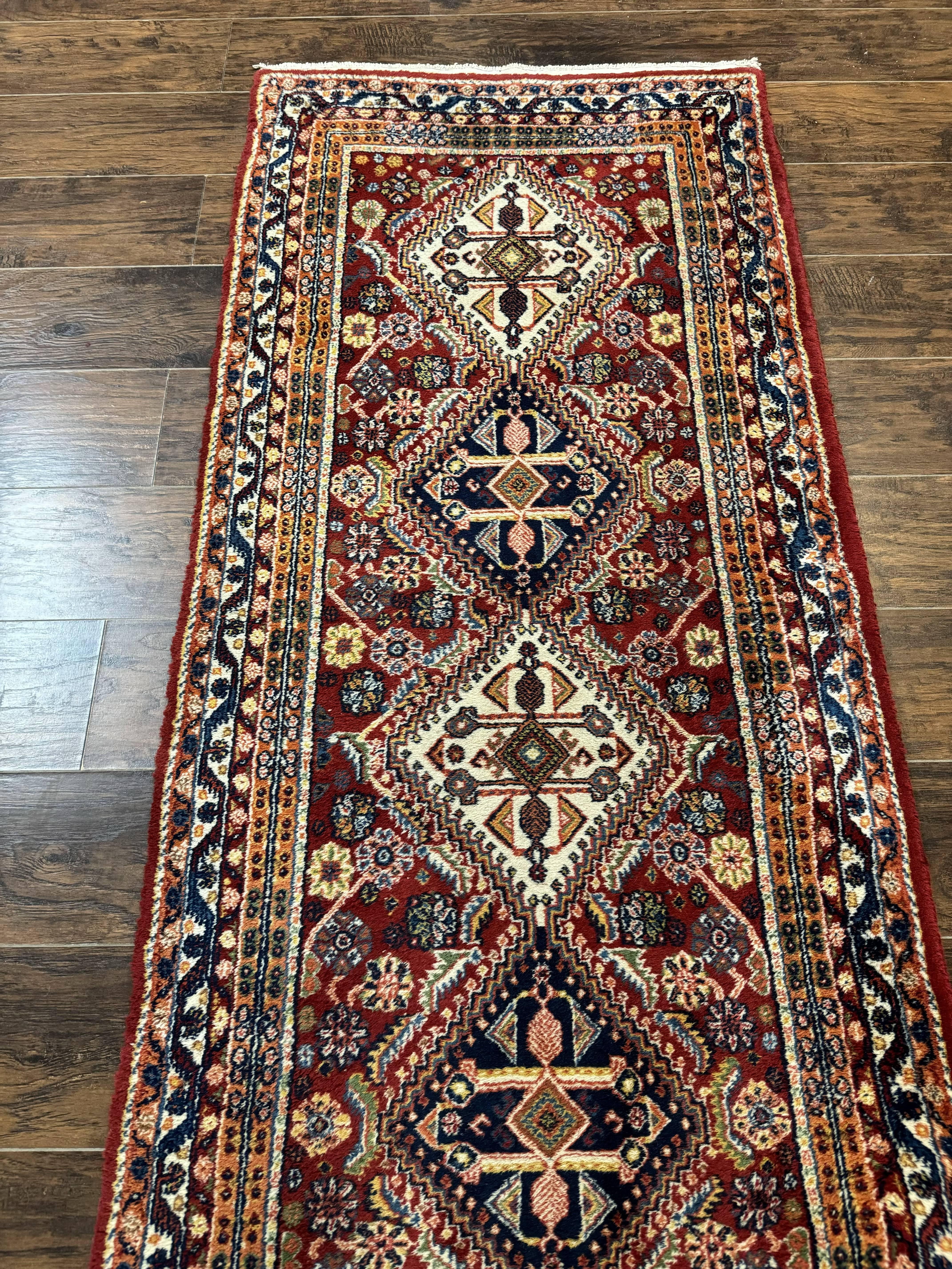 Antique Persian Qashqai Runner Rug 3 x 13 ft, Tribal Runner, Geometric Medallions, Red Ivory Blue, Wool - Jewel Rugs