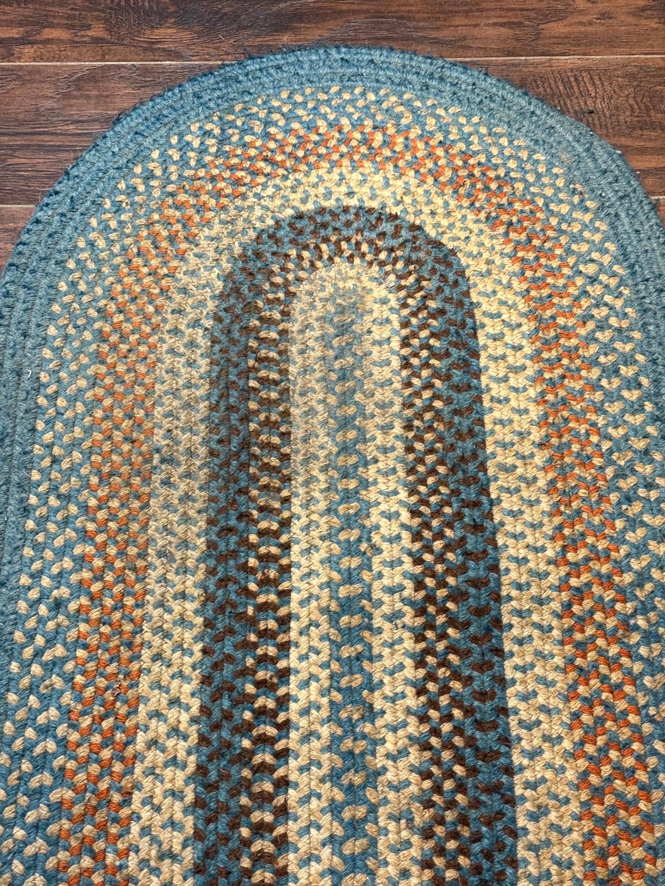 Small Oval Braided Rug 2x4, Multicolor American Braided Carpet, Light Blue, Wool - Jewel Rugs