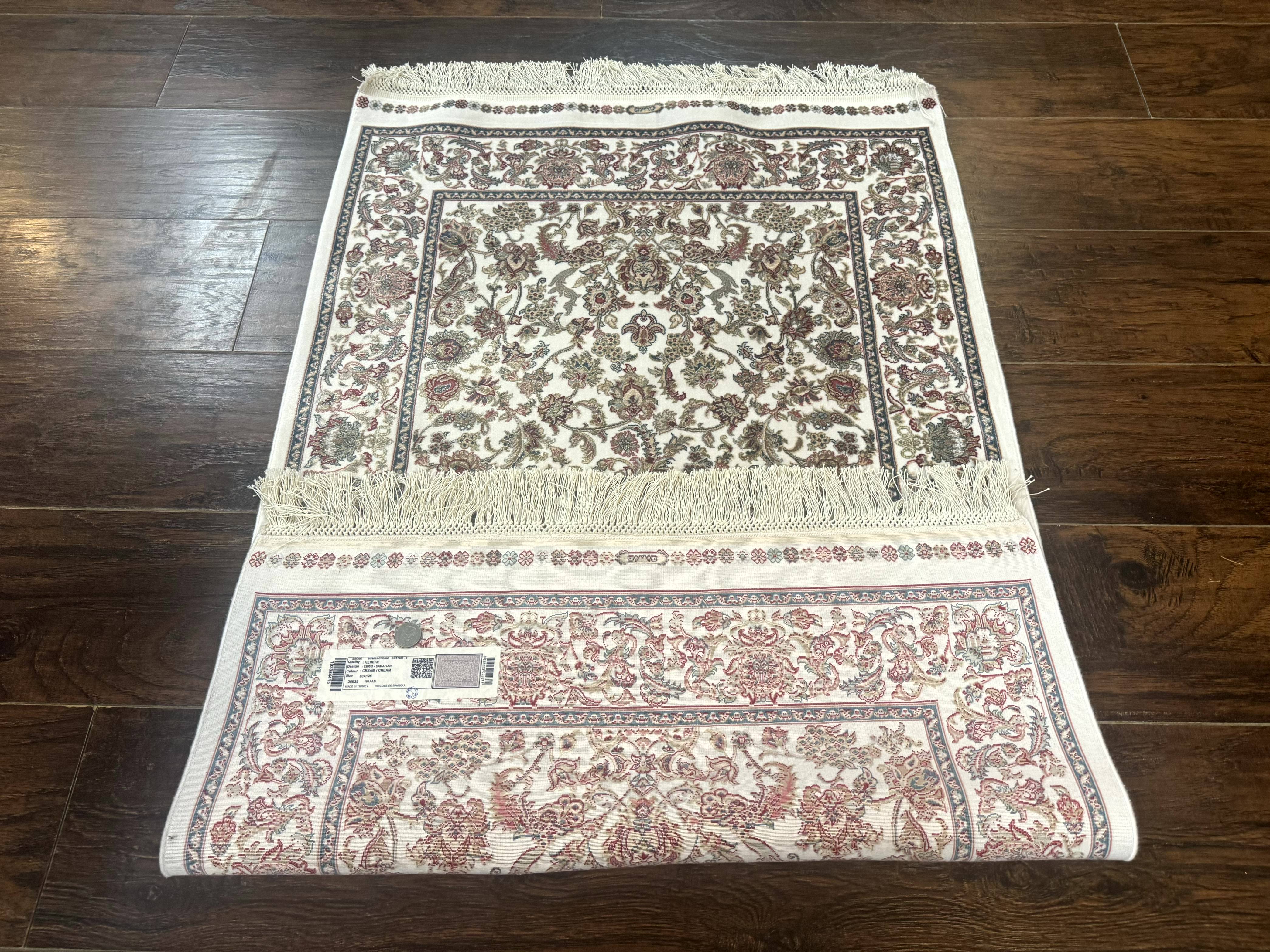 Small Turkish Silk Rug 2.6 x 4, Ivory, Allover Design, Bamboo Silk - Jewel Rugs