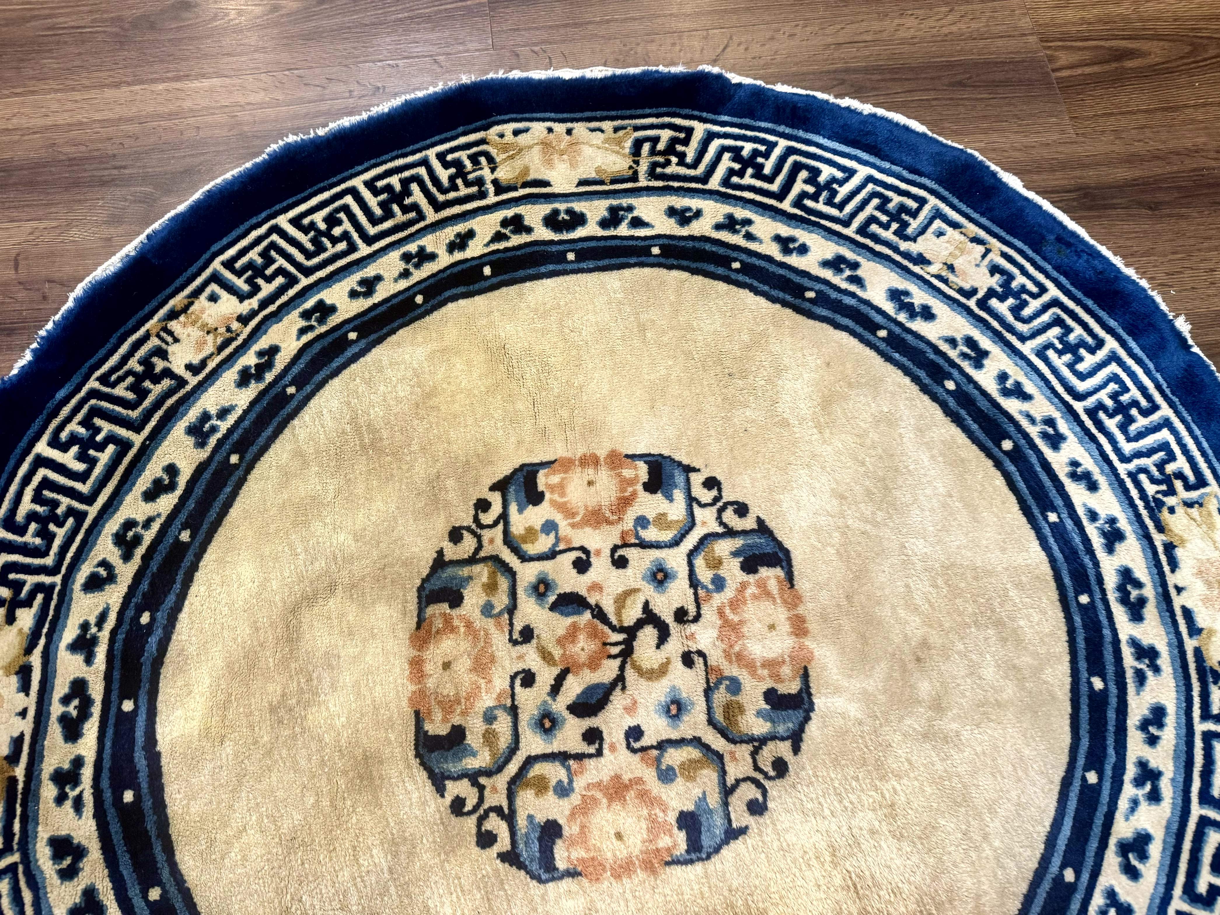 Round Antique Chinese Peking Rug 4x4, Cream and Blue, Wool - Jewel Rugs