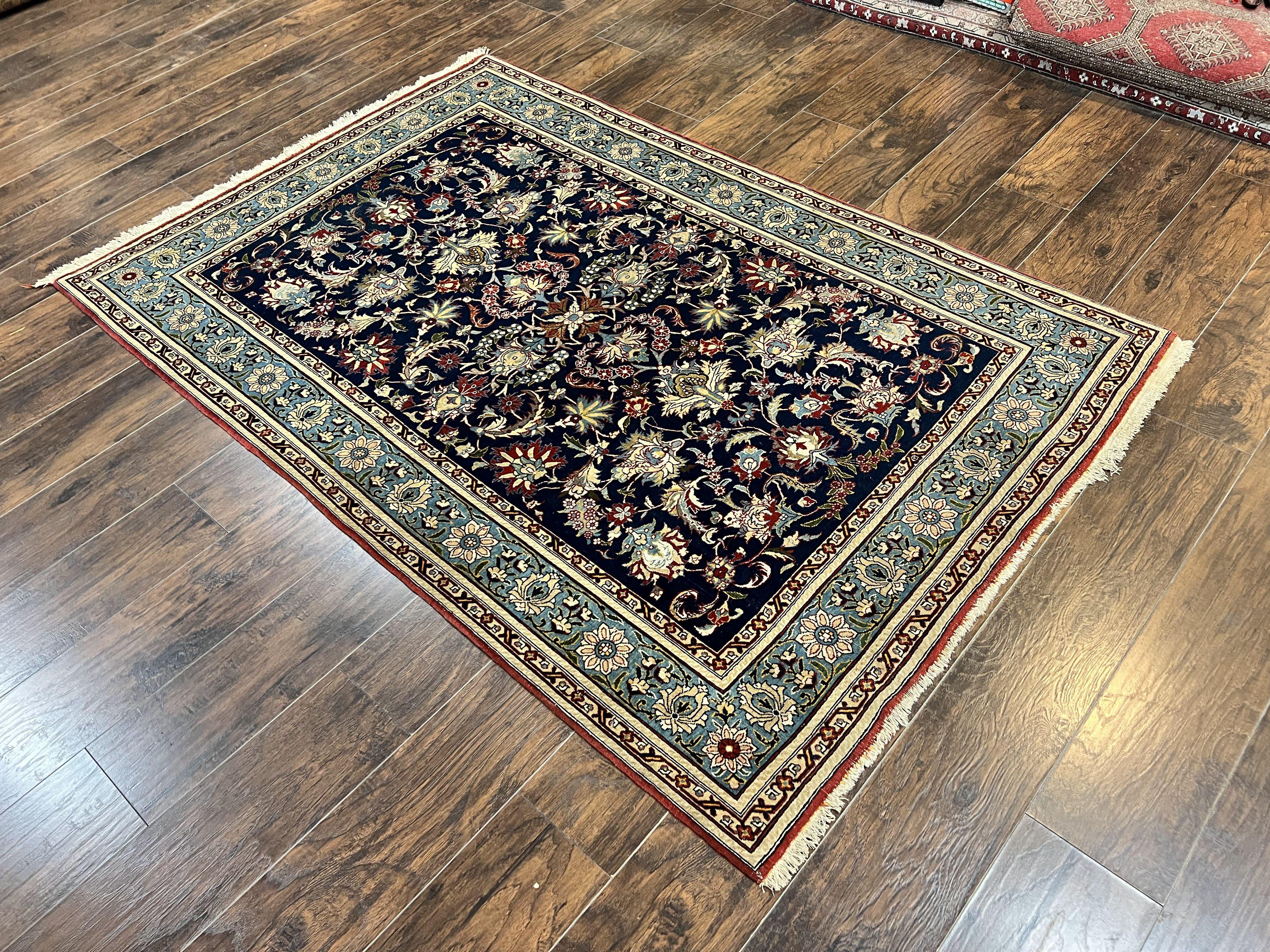 Blue Persian Qum Rug 5x7, Very Fine and Wonderful Authentic Persian Carpet, Wool Hand Knotted Vintage Semi Antique Oriental Rug, Floral, Ghom Qom Rug - Jewel Rugs