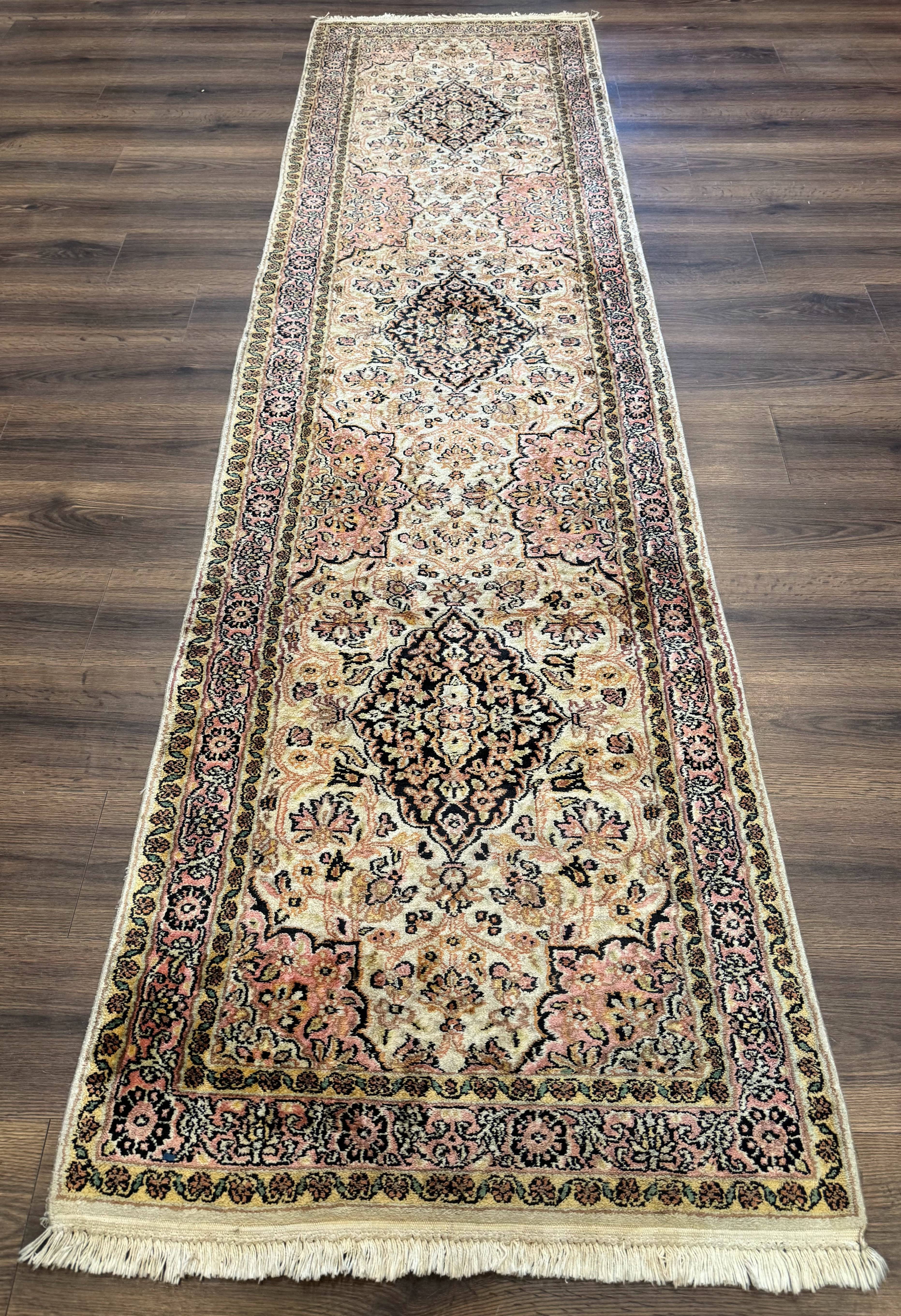 Silk Indian Kashmiri Runner Rug 2.7 x 9.8, Floral Medallions - Jewel Rugs
