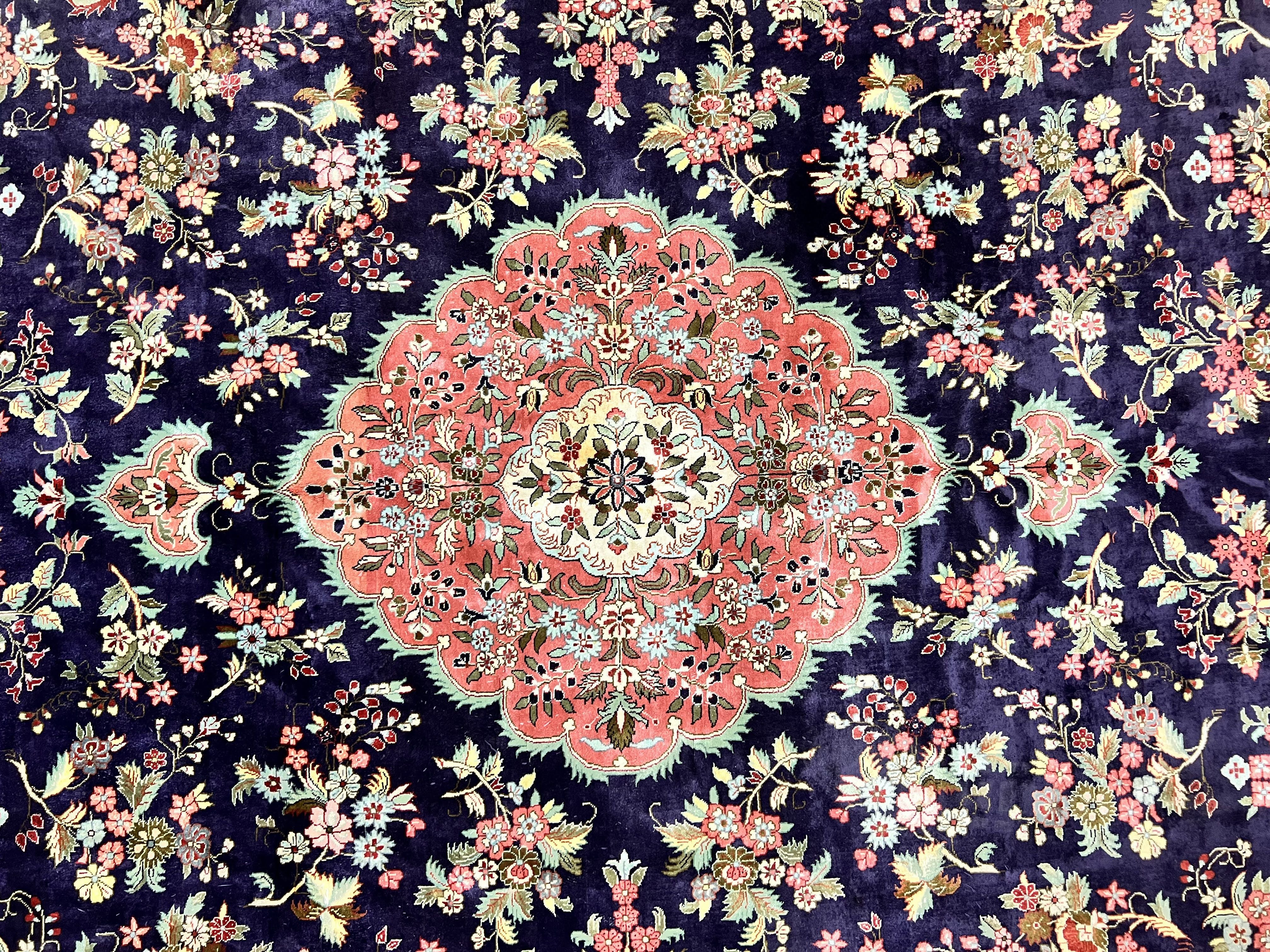 Stunning Silk Persian Qum Rug 7x9, Finely Hand Knotted Navy Blue & Salmon Floral Medallion Authentic Oriental Carpet, Vintage Handmade Silk Ghom Rug, Silk on Silk - Jewel Rugs