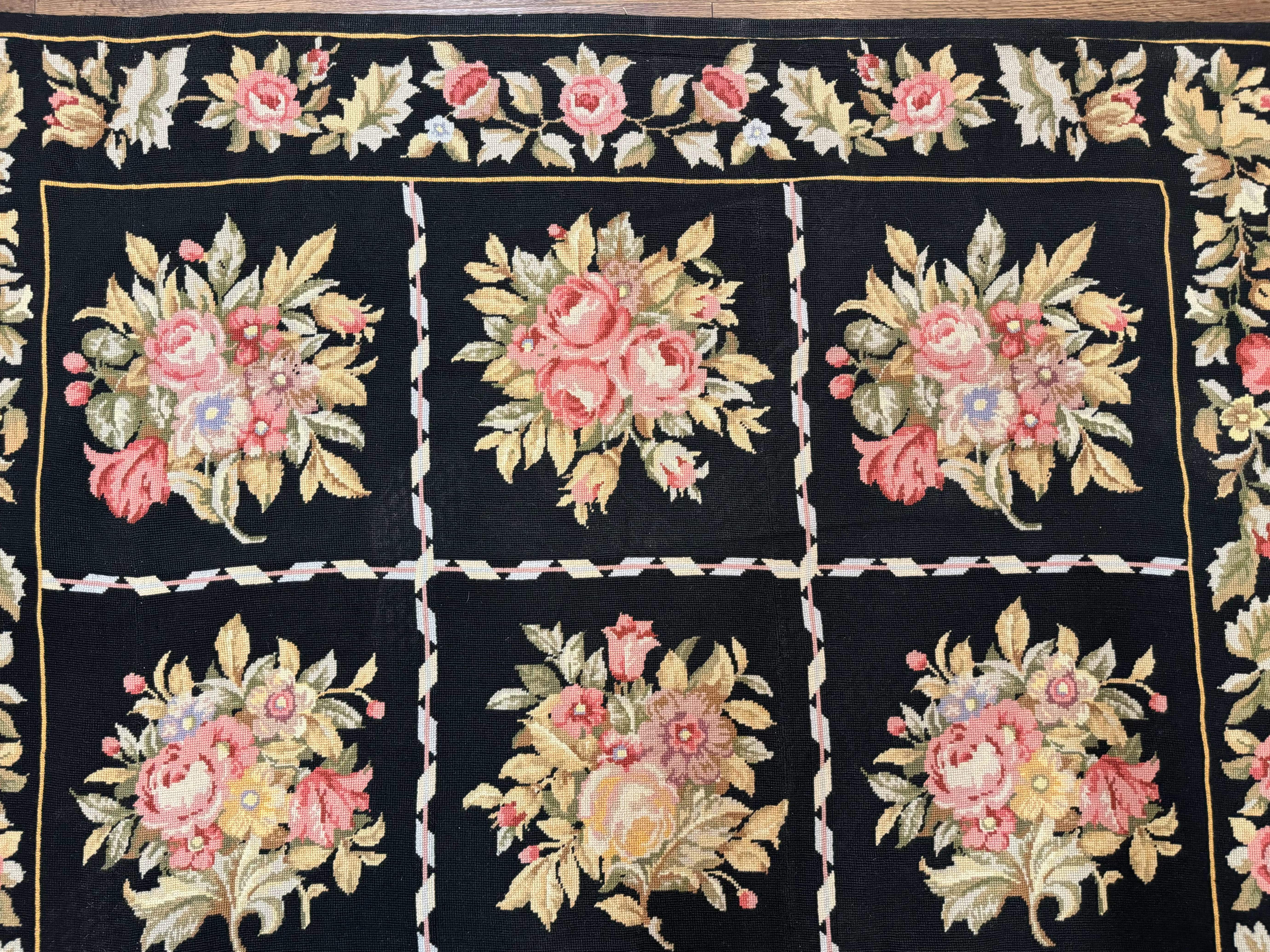Black Floral Needlepoint Rug 5x9, European Panel Design, Vintage Carpet - Jewel Rugs
