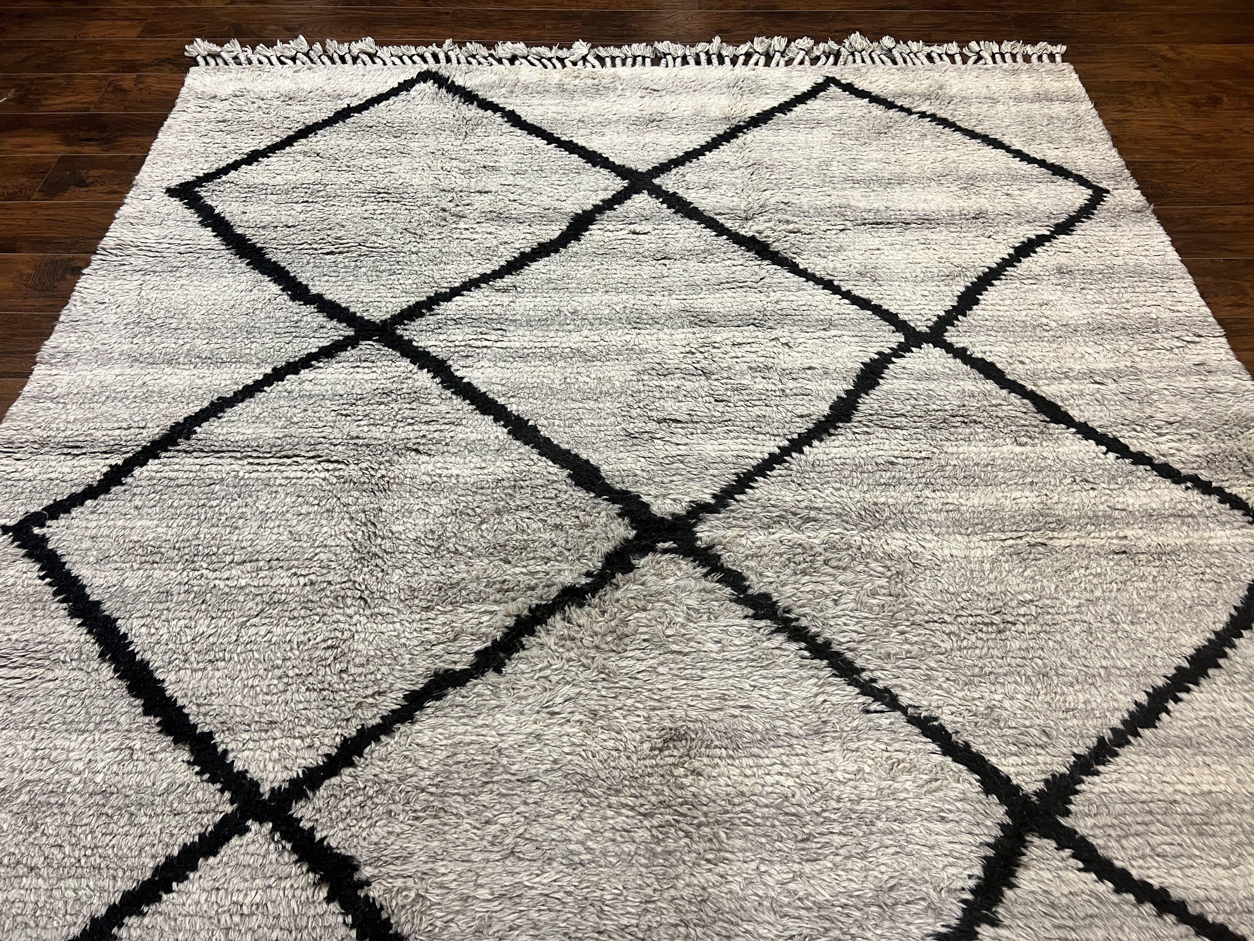 Modern Shag Rug 8x10, Gray and Black, Wool and Cotton, Lulu and Georgia, Handmade Indian Shag Rug - Jewel Rugs