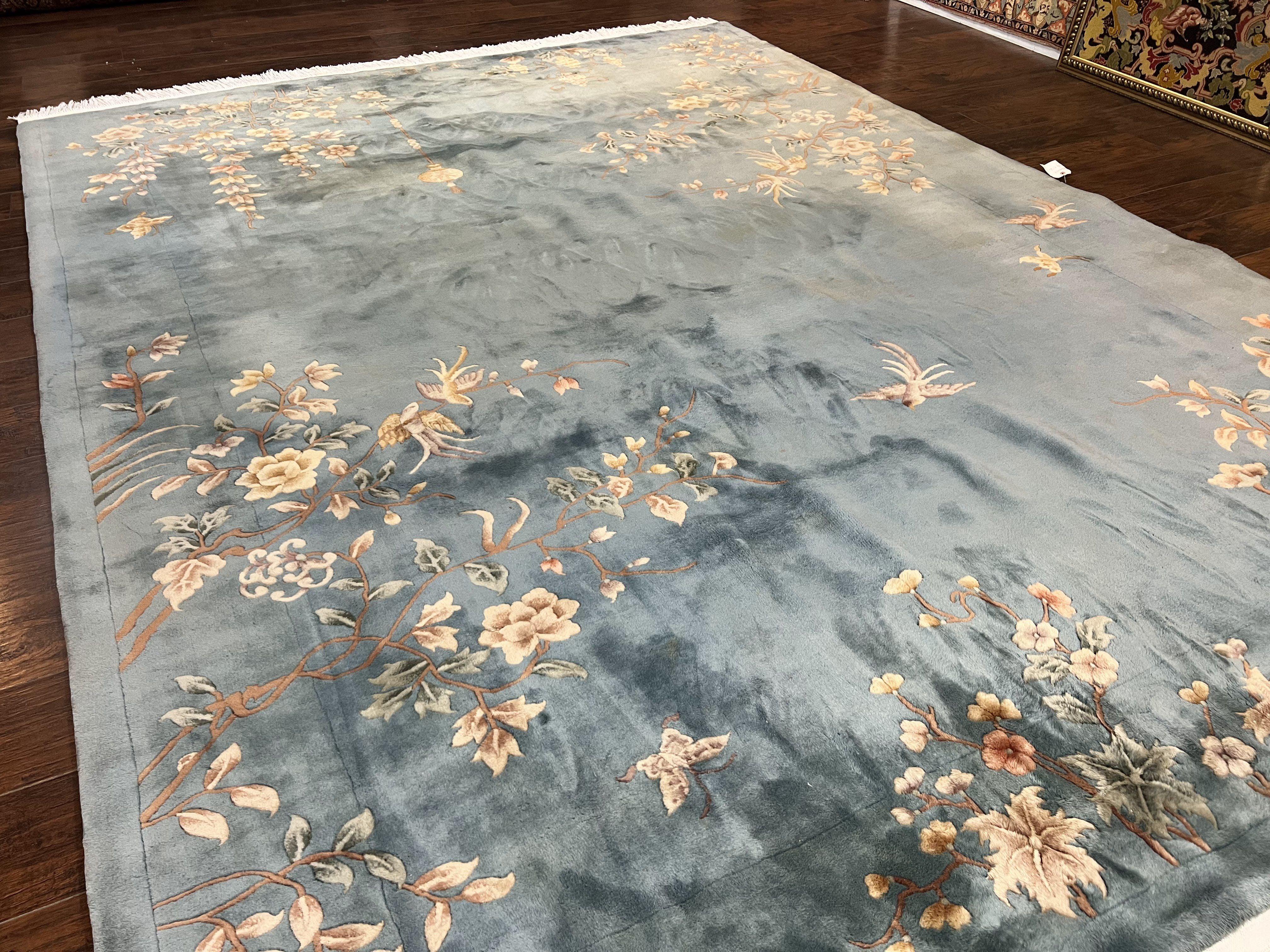 Chinese Wool Rug 9x12, Art Deco Carpet 9 x 12, Wool Handmade Vintage 90 Line Carving Rug, Floral Simple Design - Jewel Rugs