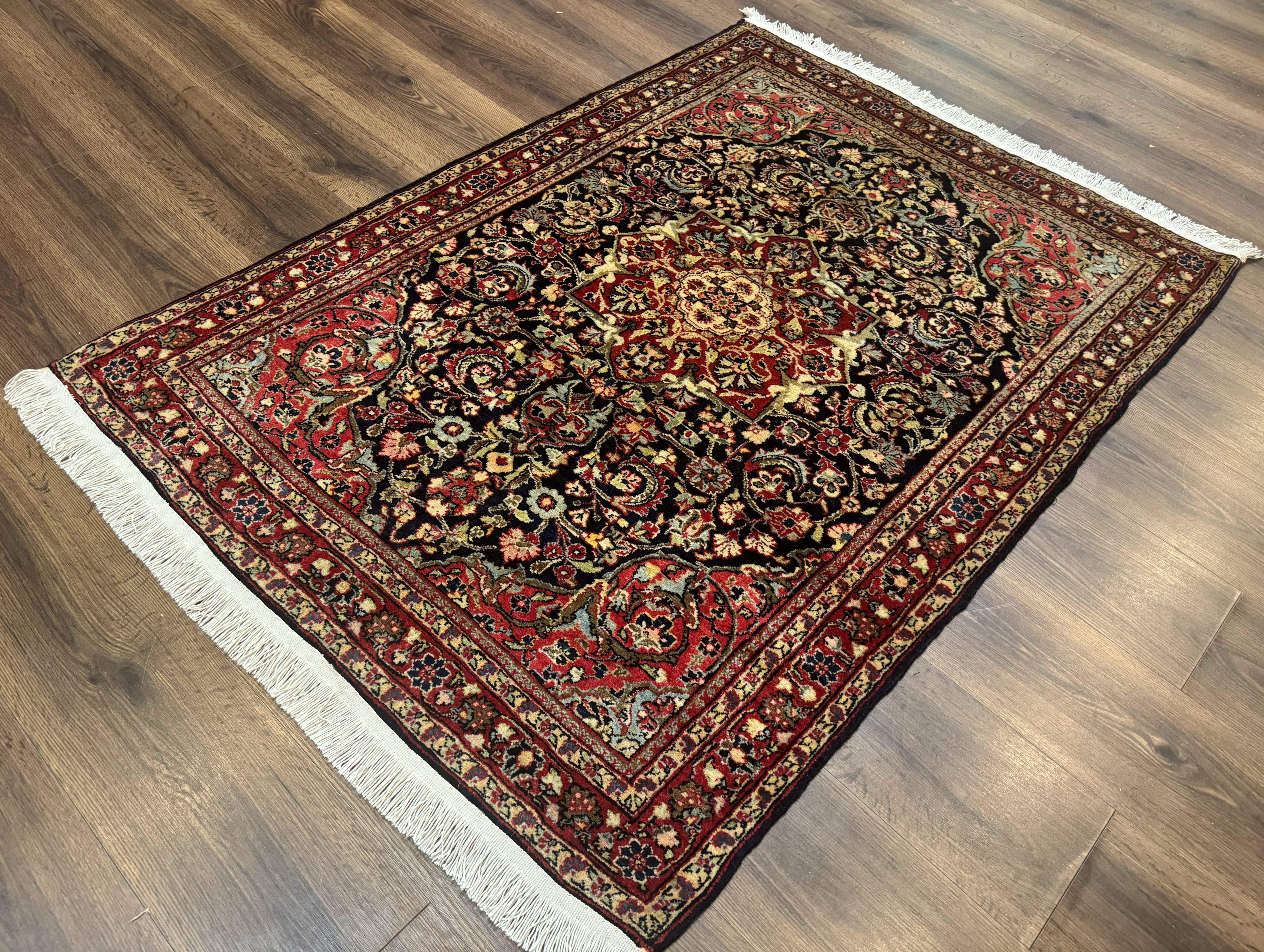 Antique Persian Sarouk Rug 4x5, Dark Blue and Red, Floral Medallion, Fine - Jewel Rugs