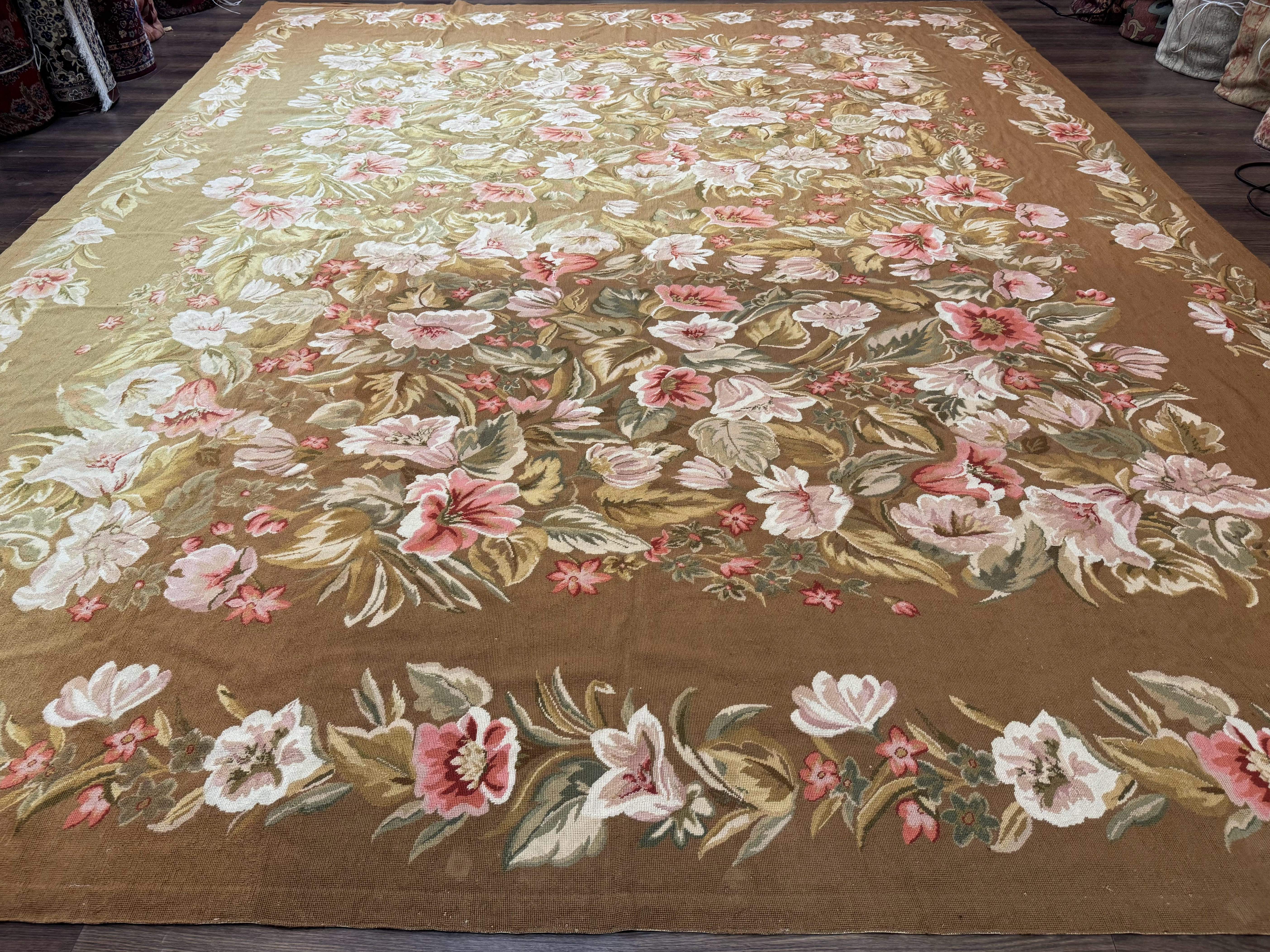 Large Needlepoint Rug 11x14, Vintage Floral Wool Carpet, Caramel - Jewel Rugs