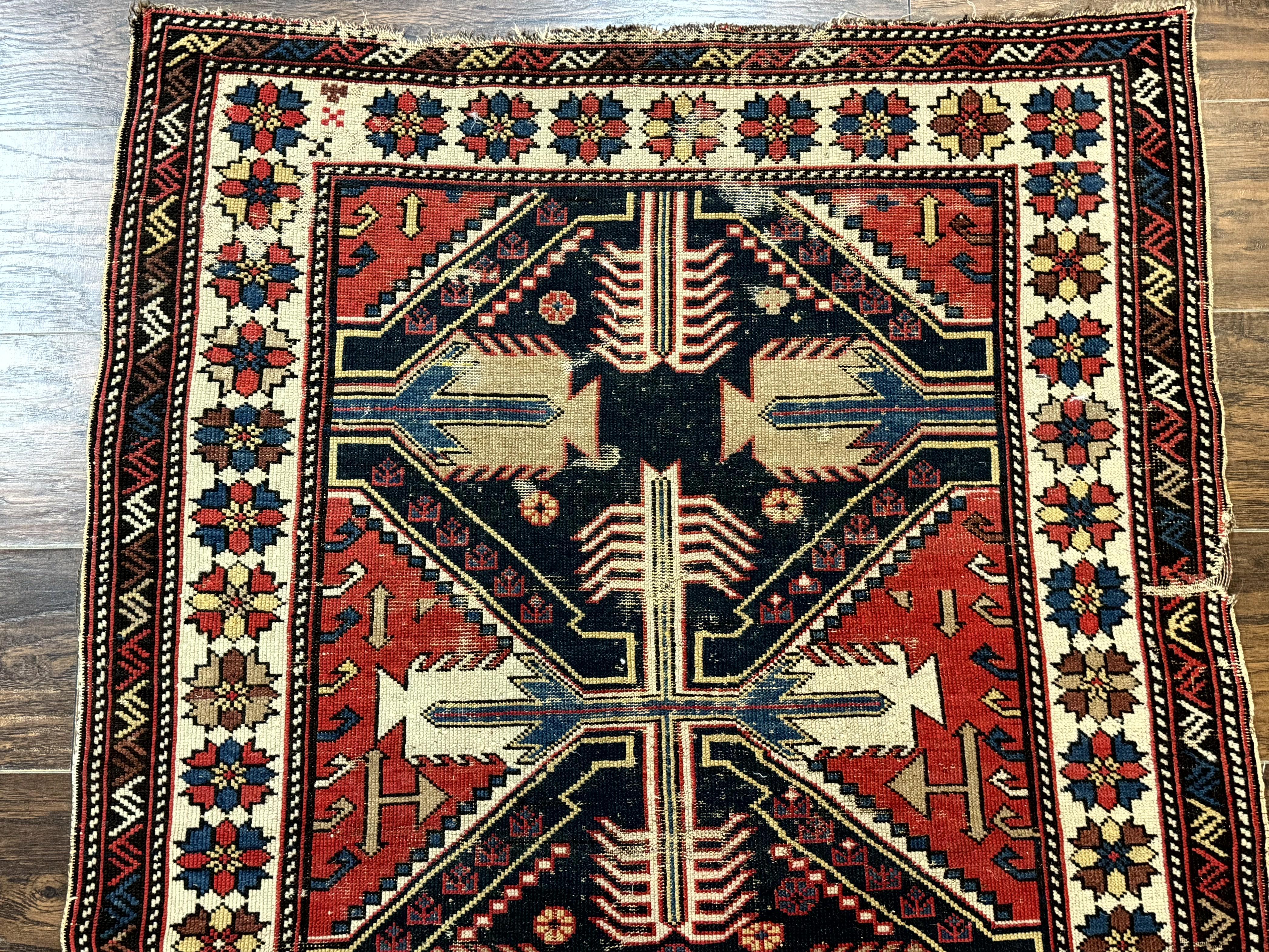 Antique Shirvan Caucasian Rug 3x5, Geometric Pattern, Red Navy Blue Beige - Jewel Rugs