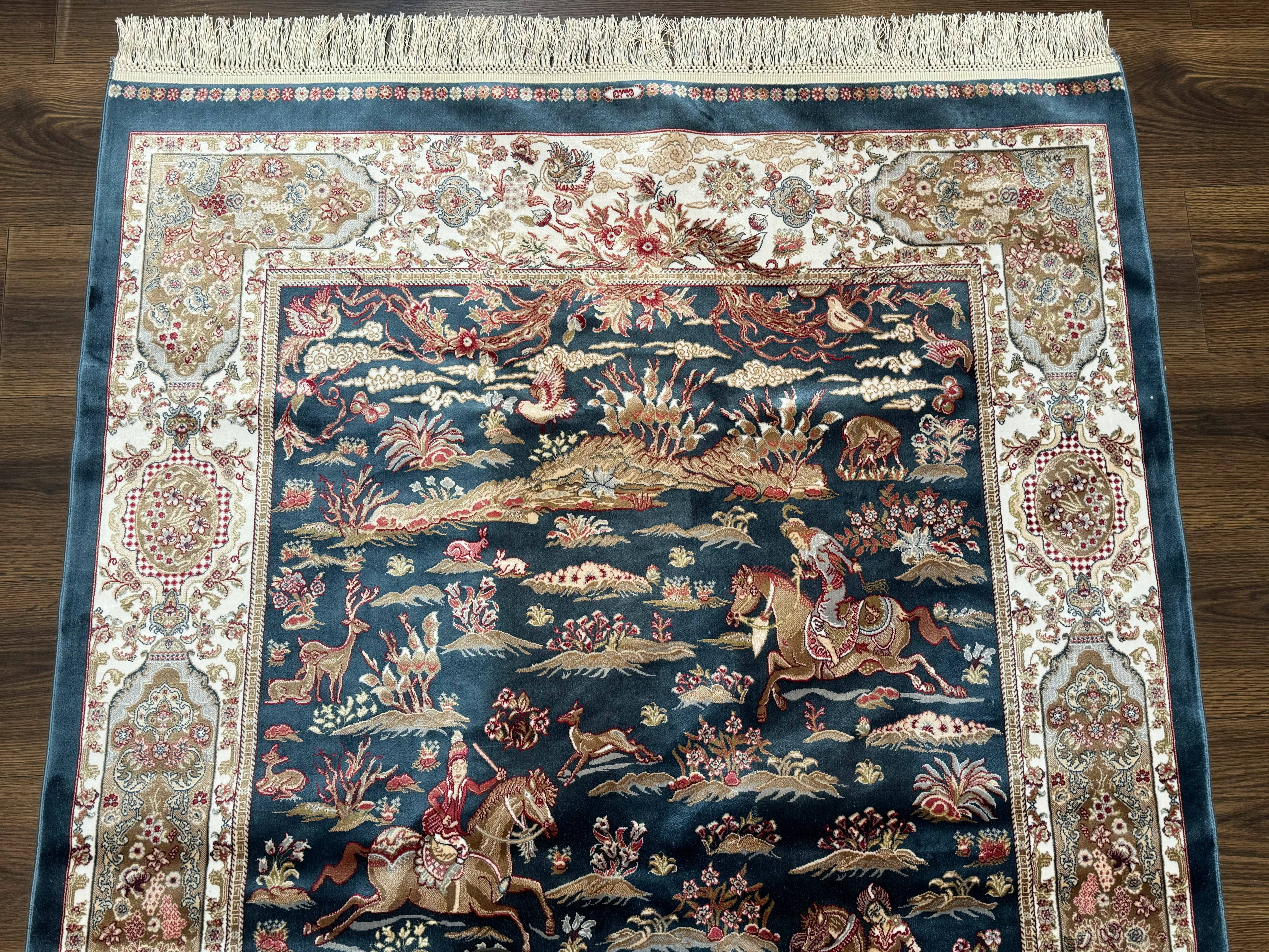 Turkish Silk Hunting Design Rug 4x6, Dark Steel Blue & Ivory, Bamboo Silk, New - Jewel Rugs