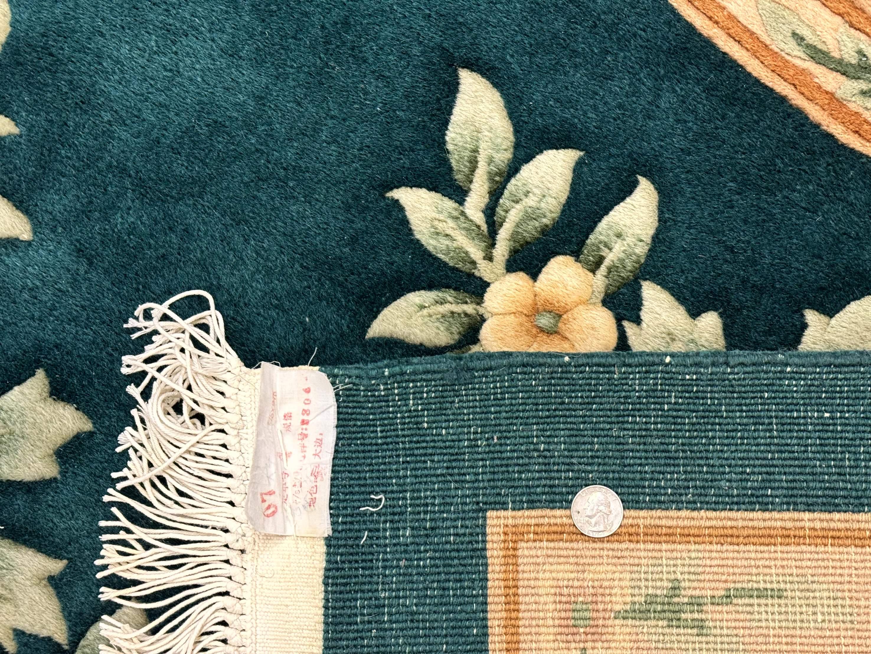 Chinese Wool Rug 8x10, Floral, Soft Thick Pile, Chinese Aubusson 90 Line Rug, Dark Teal and Beige - Jewel Rugs