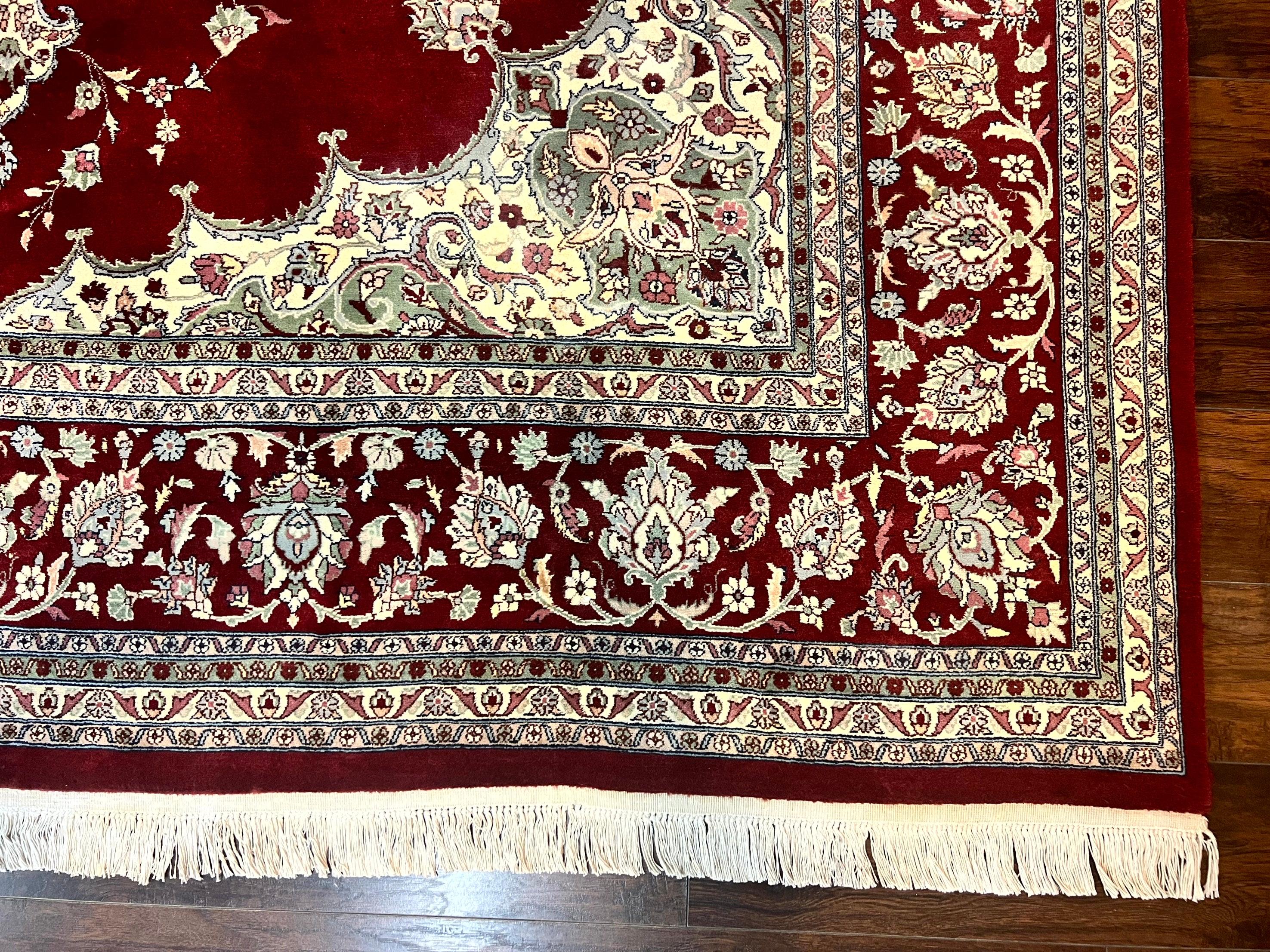 Pak Persian Rug 9x12, Handmade Vintage Traditional Wool Carpet, Floral Medallion, Dark Red Ivory/Cream, Fine 250 KPSI - Jewel Rugs
