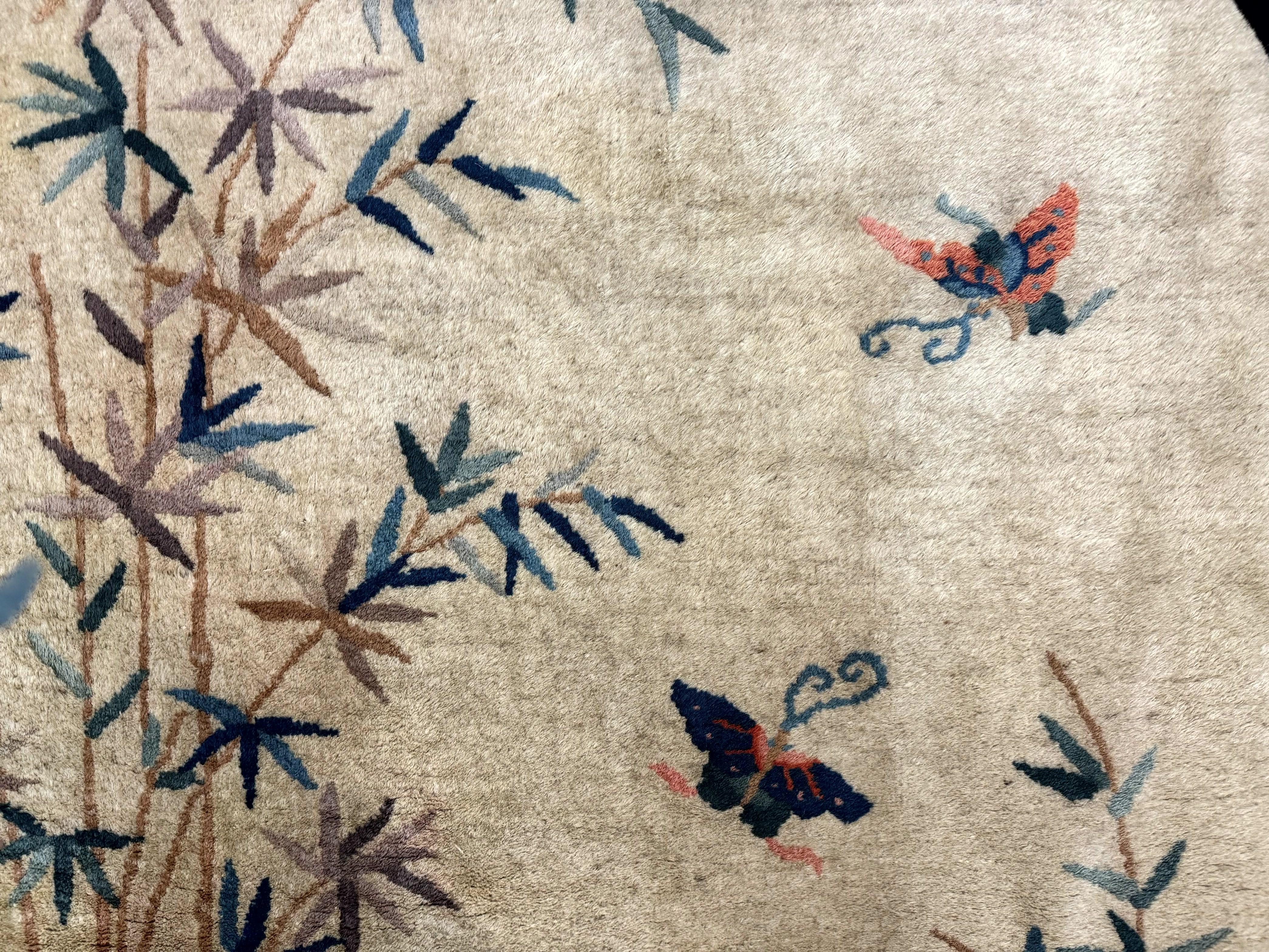 Antique Chinese Oval Rug 3.9 x 6.7, Floral, Butterflies, Chinese Wool Art Deco Peking Carpet, Beige, Handmade - Jewel Rugs