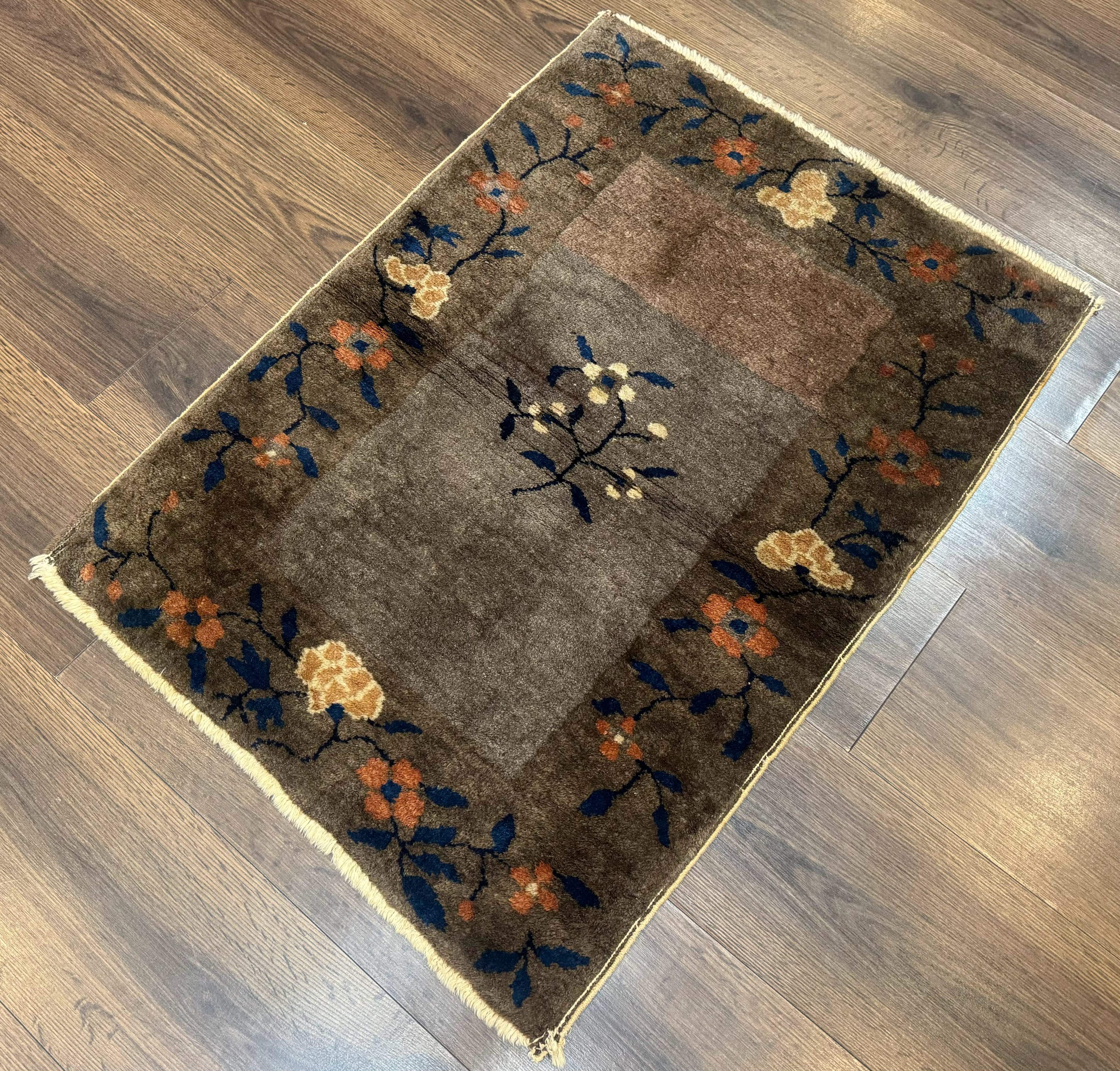Small Antique Chinese Art Deco Rug 2x3, Nichols Rug, Gray and Brown, Wool Hand Knotted - Jewel Rugs