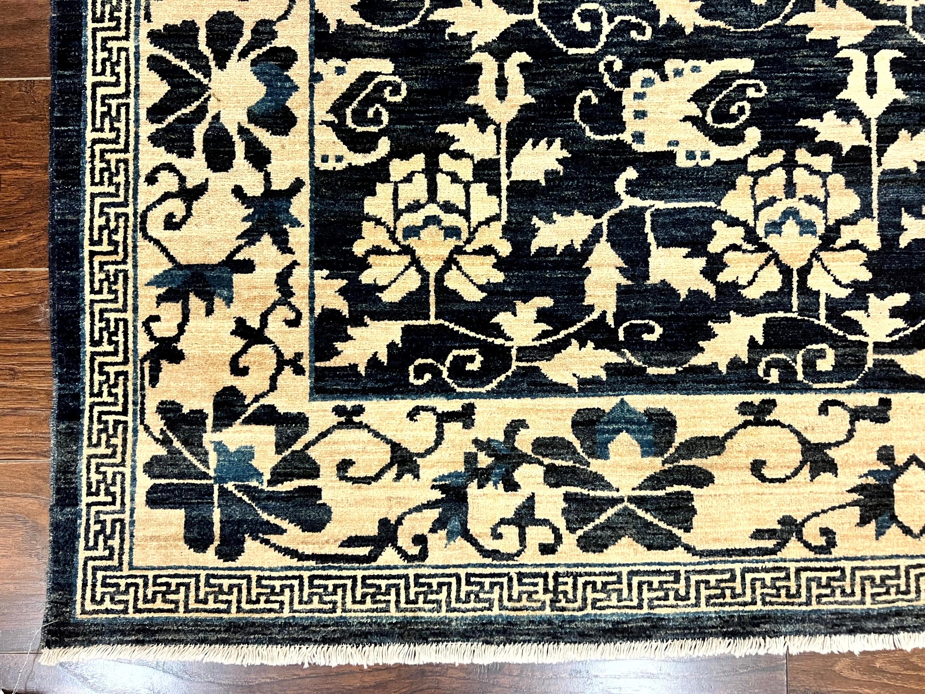 Sino Persian Rug 6x9, Hand Knotted Wool Carpet, Floral Allover, Blue Cream-Tan - Jewel Rugs