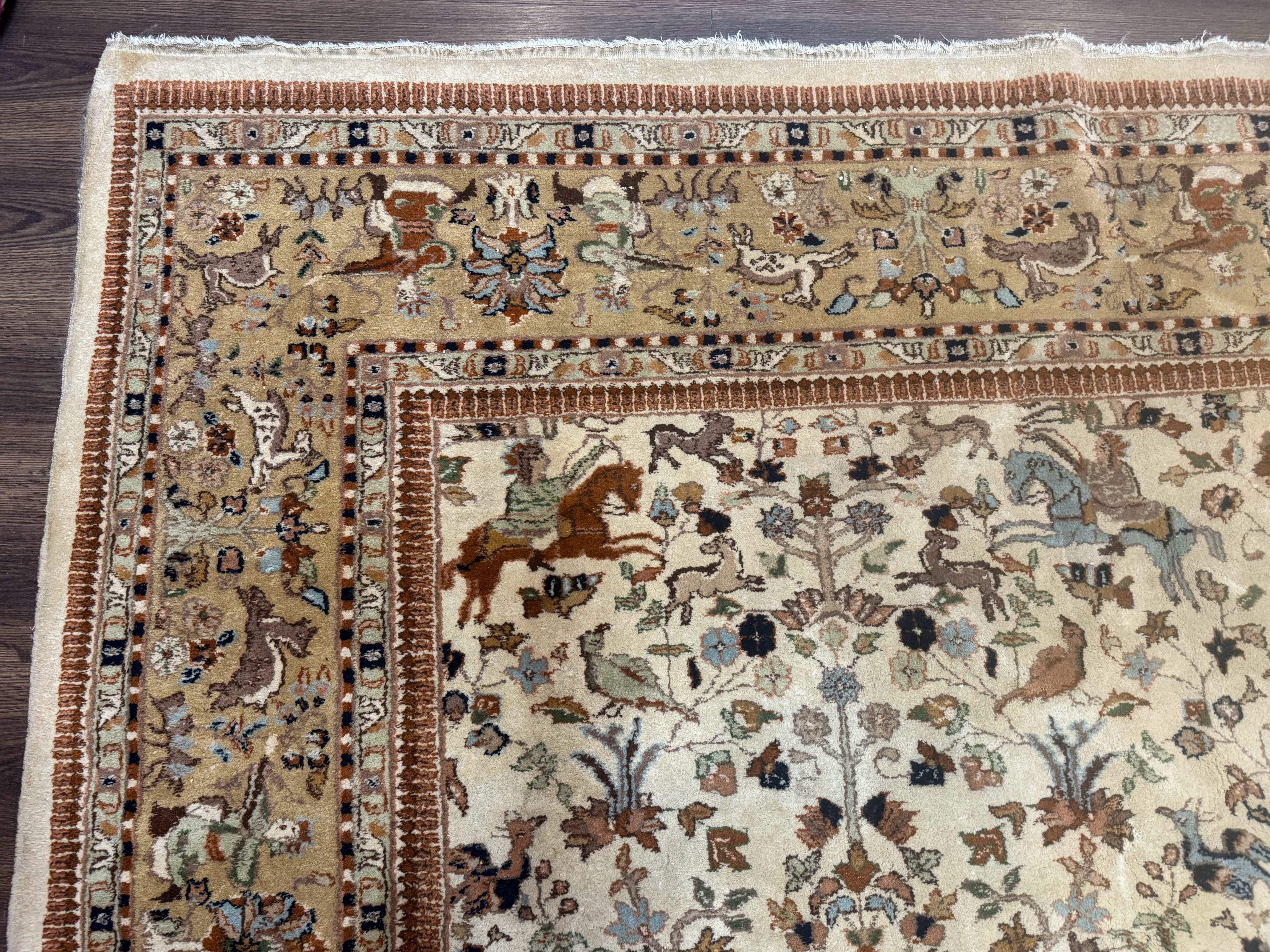 Palace Size Persian Tabriz Rug 12x15 – Beige and Tan, Hunting Design, Wool, Animal Pictorials - Jewel Rugs