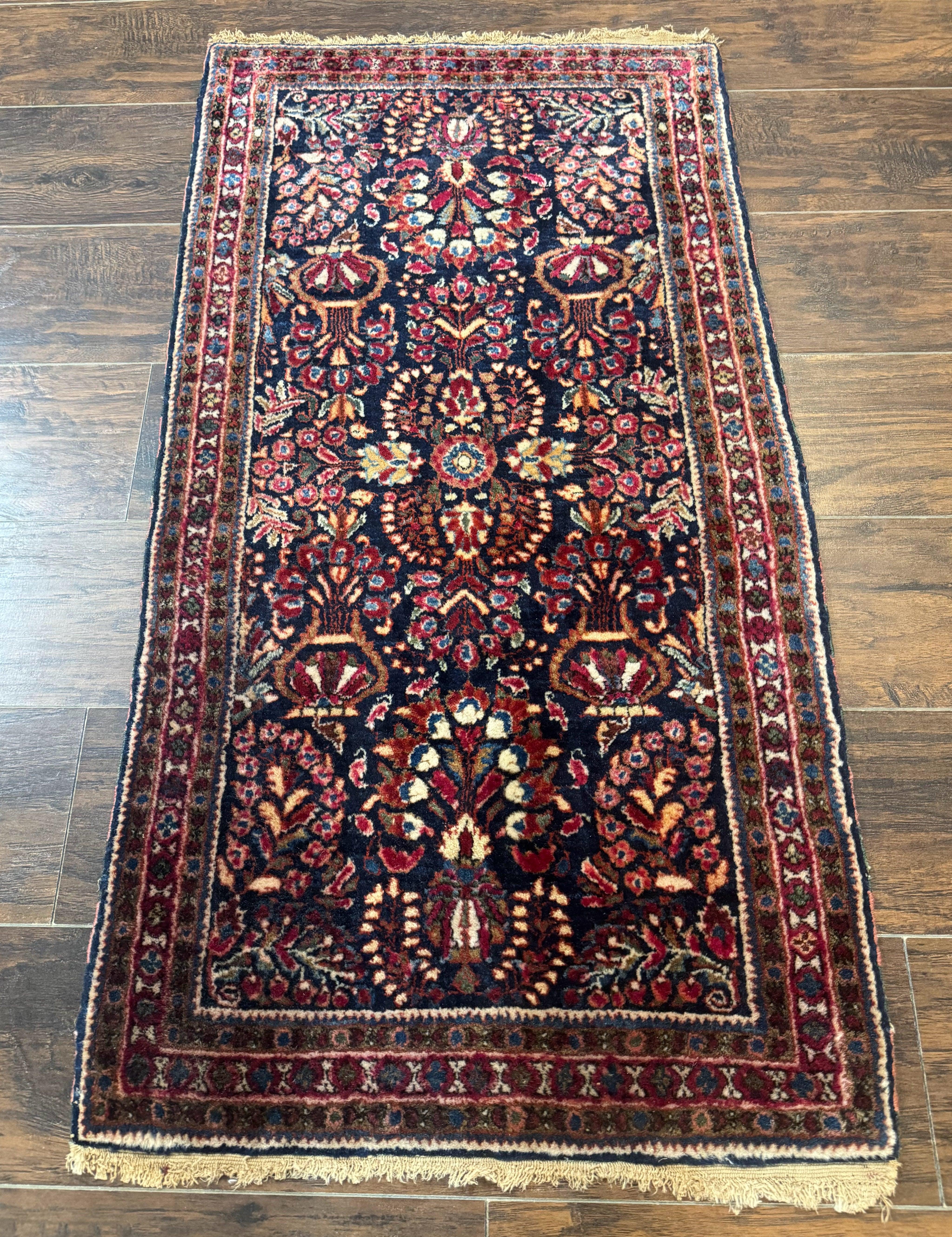 Small Navy Blue Persian Rug 2x4, Sarouk Rug, Rare Colors, Antique 1920s Wool Rug - Jewel Rugs