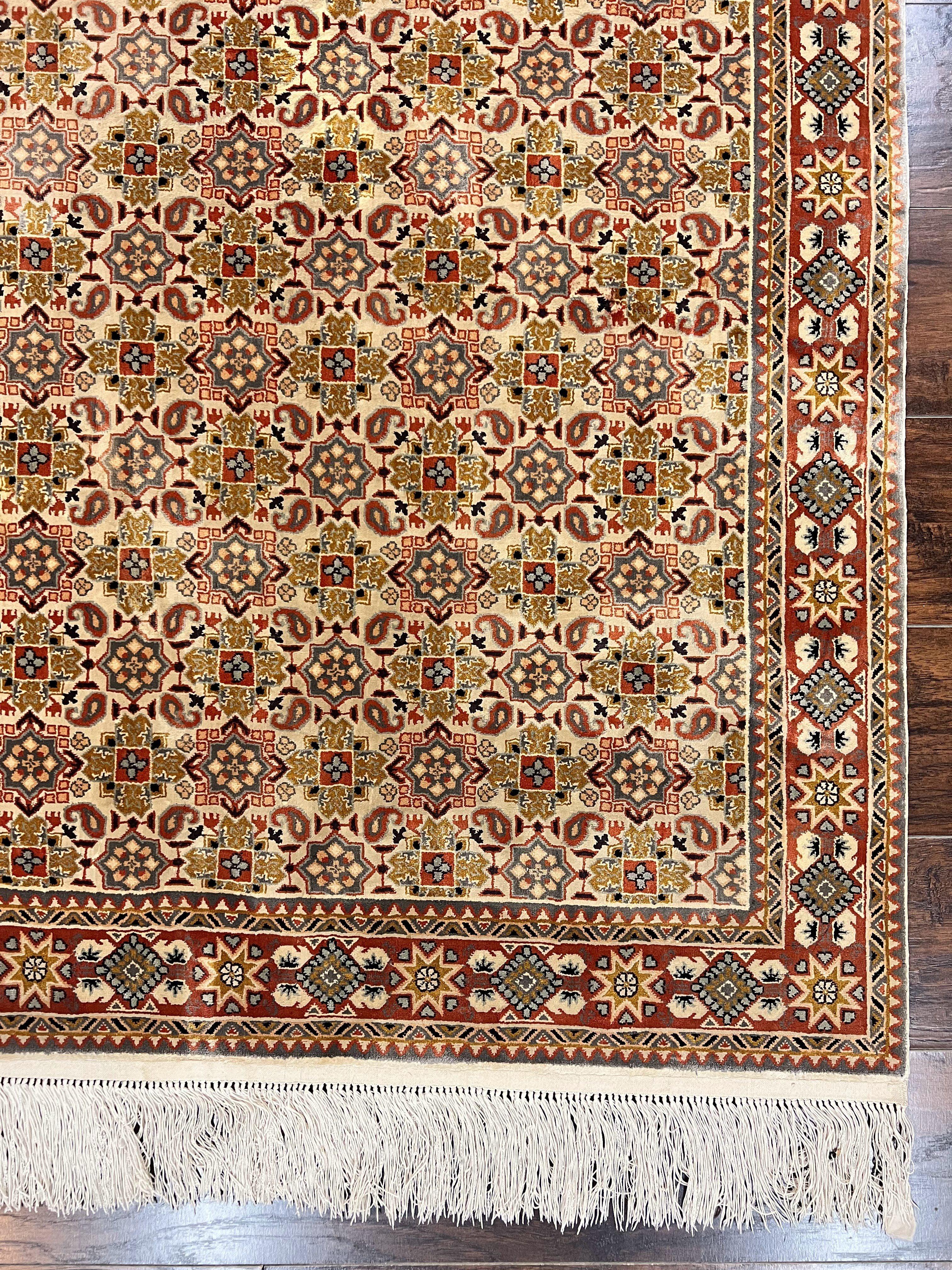 Turkish Kayseri Silk Rug 4x6, Hand Knotted Handmade Vintage Allover Pattern, Fine Silk Oriental Carpet 4 x 6 ft, Traditional Rug, Cream - Jewel Rugs