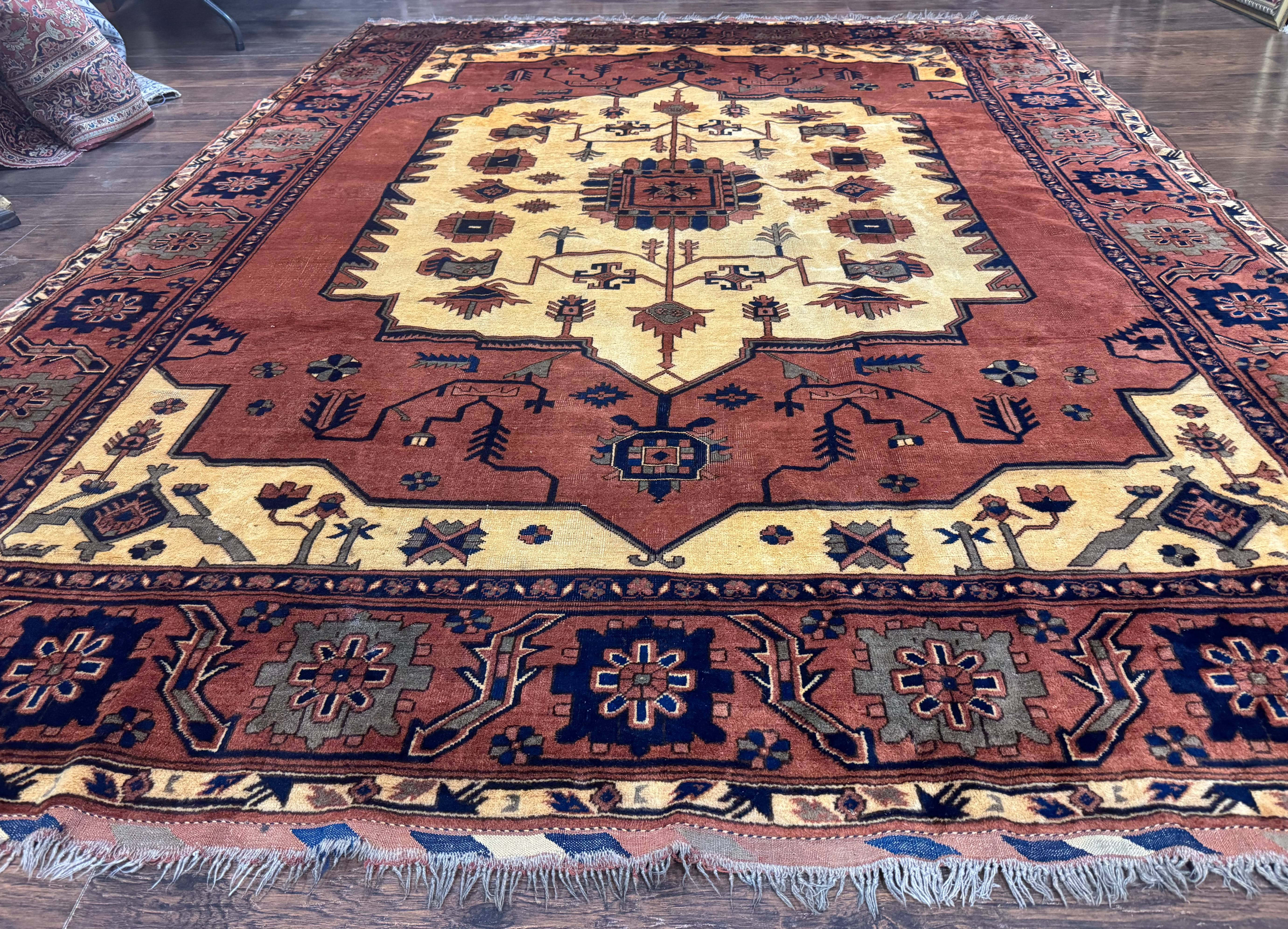 Afghan Heriz Rug 9x12, Tribal Geometric Serapi Carpet, Rust Cream and Navy, Wool on Wool - Jewel Rugs