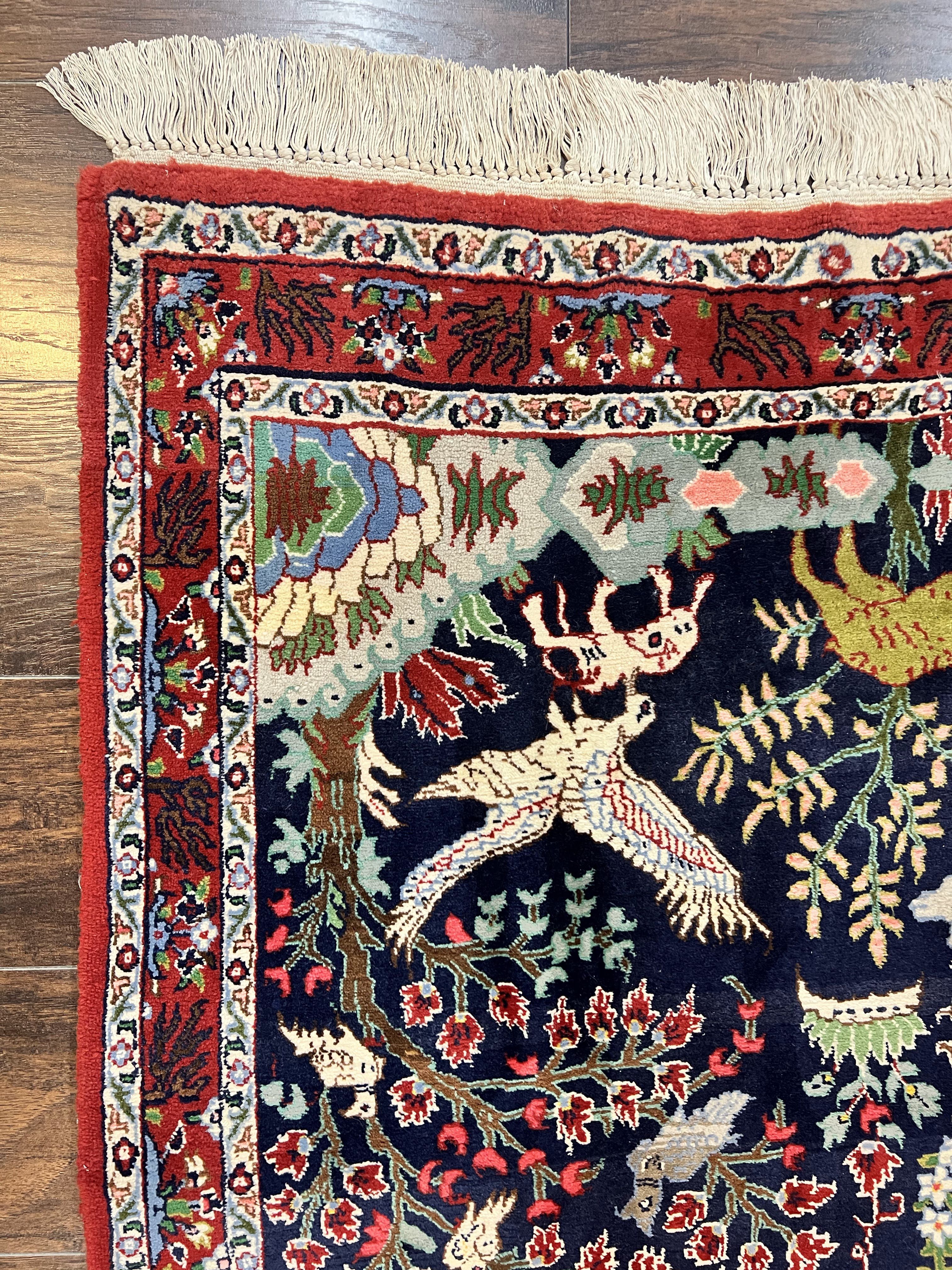 Small Persian Qum Rug 3x5, Animal Pictorials, Tree of Life, Hand Knotted Handmade Vintage Wool Oriental Carpet, Flowers Deer Birds, Dark Blue - Jewel Rugs