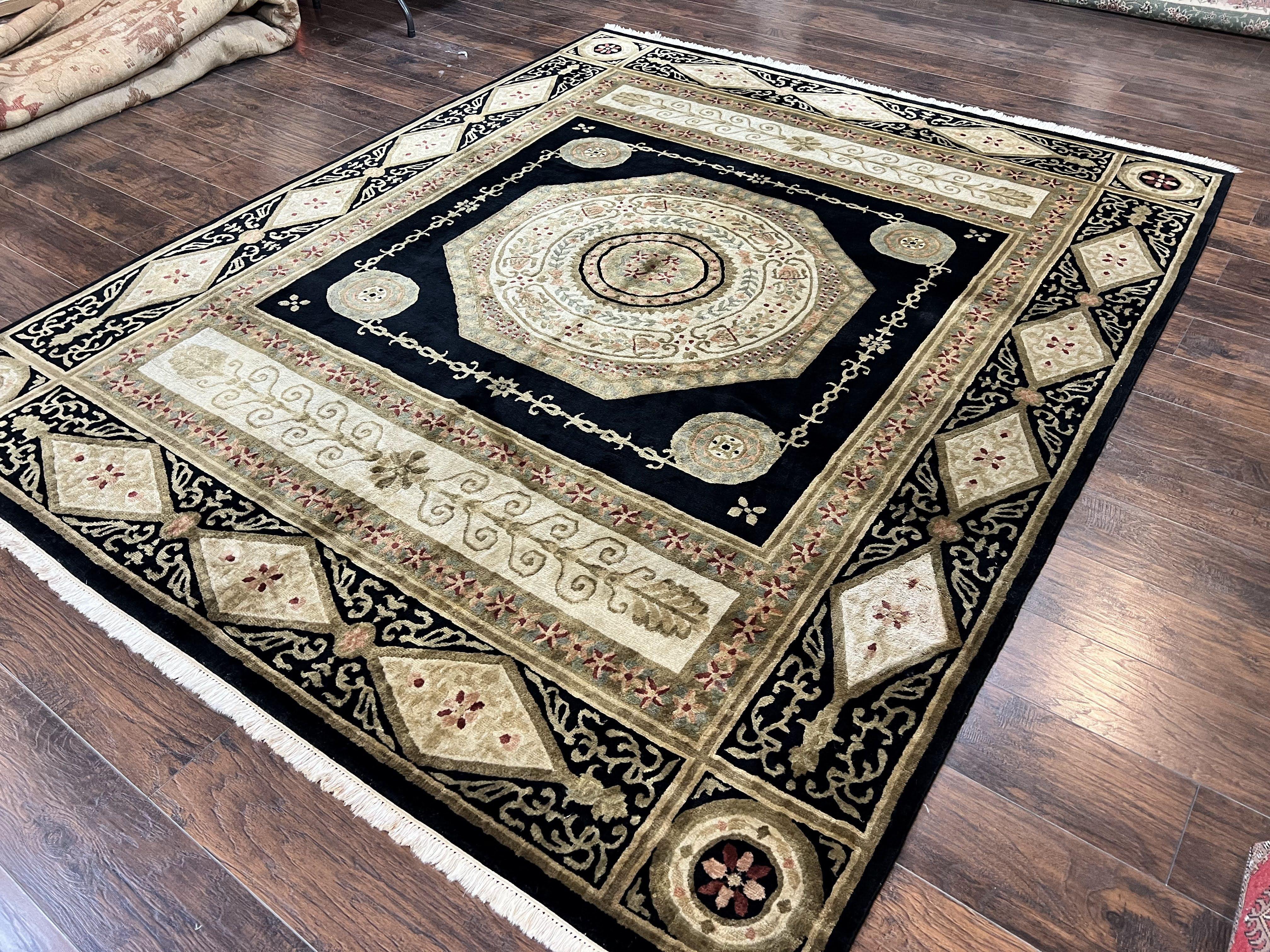 Tibetan Rug 8x10, Nepali Area Rug, Soft New Zealand Wool Carpet 8 x 10 ft, Black Tan Beige, Vintage Handmade Rug, French Aubusson Pattern - Jewel Rugs