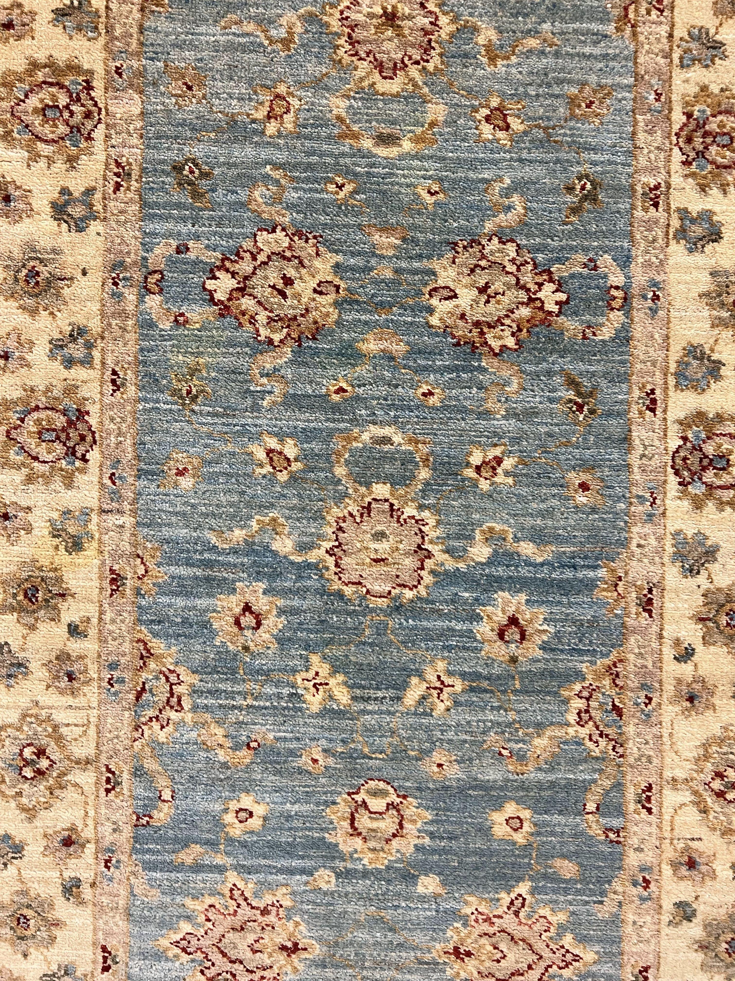 Peshawar Runner Rug 2.8 x 15.8, Light Blue and Cream, Long Hand Knotted Handmade Hallway Runner, Oriental Carpet, Pastel Colors, Wool Rug - Jewel Rugs