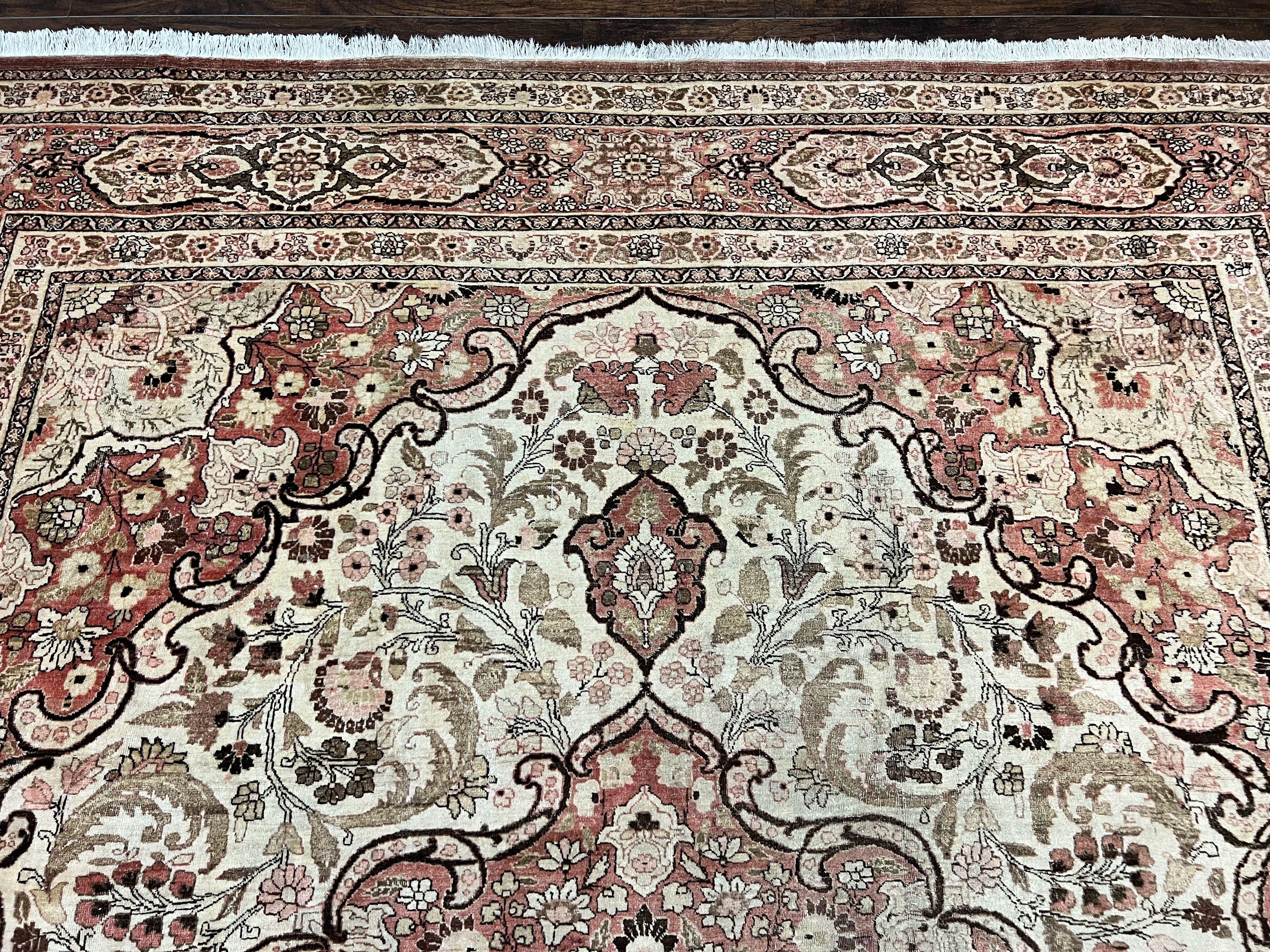 Antique Persian Tabriz Rug 10x12, Wool Hand Knotted Oriental Carpet, Beige Light Red, Floral Medallion - Jewel Rugs