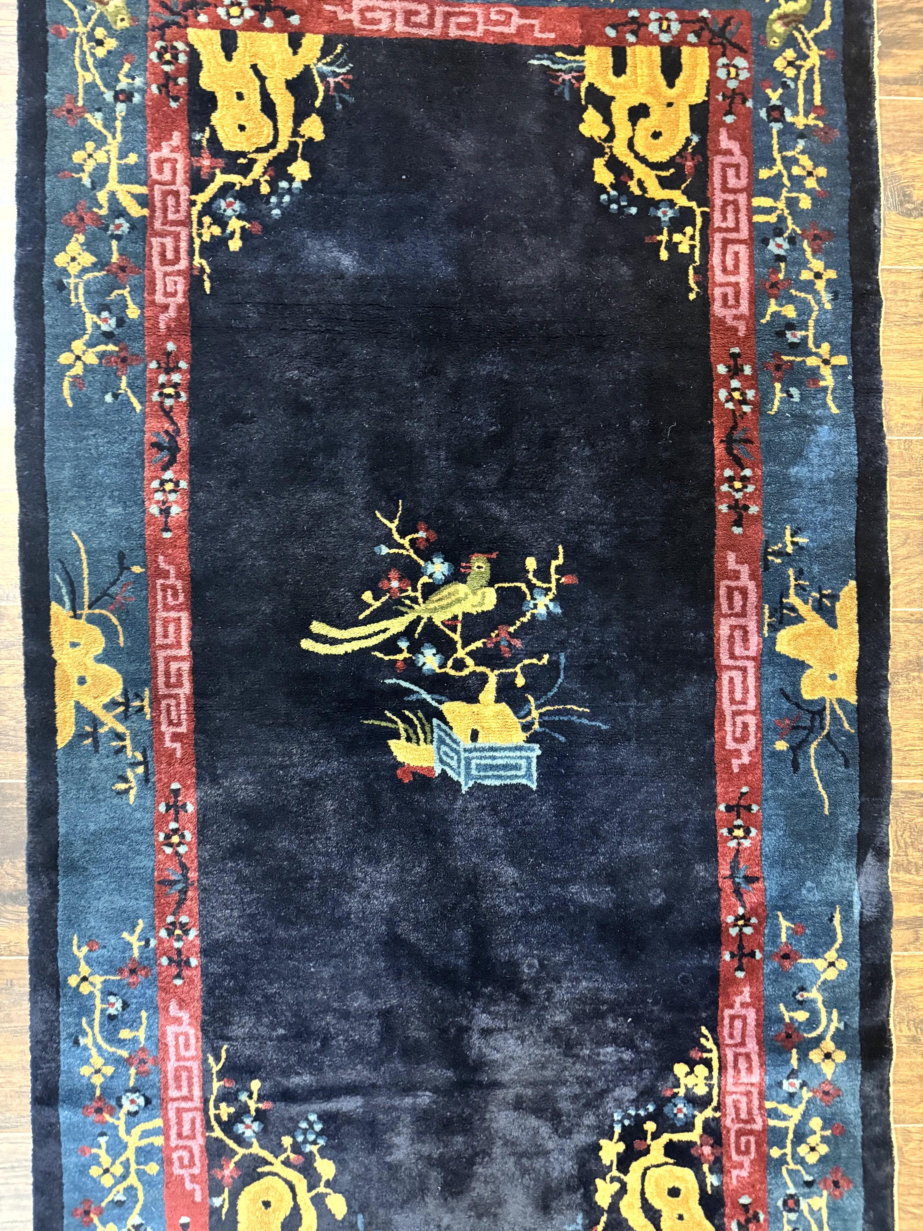 Antique Chinese Peking Rug 3x6, Dark Blue, Bird Motif, Handmade Wool Art Deco Asian Oriental Carpet, Pair B - Jewel Rugs