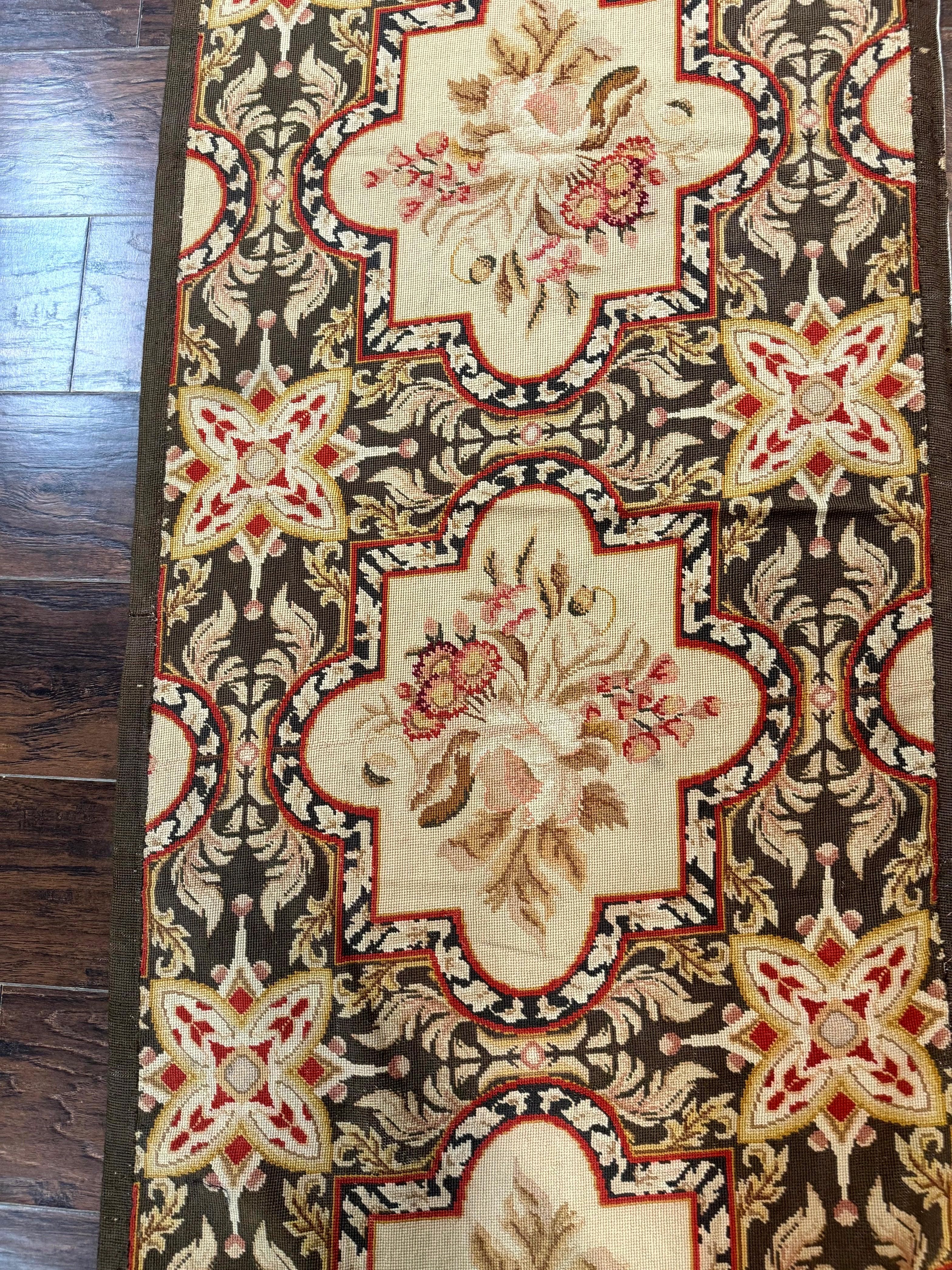 Needlepoint Runner Rug 2.7 x 9.7, European French Design, Wool, Handmade, Vintage - Jewel Rugs