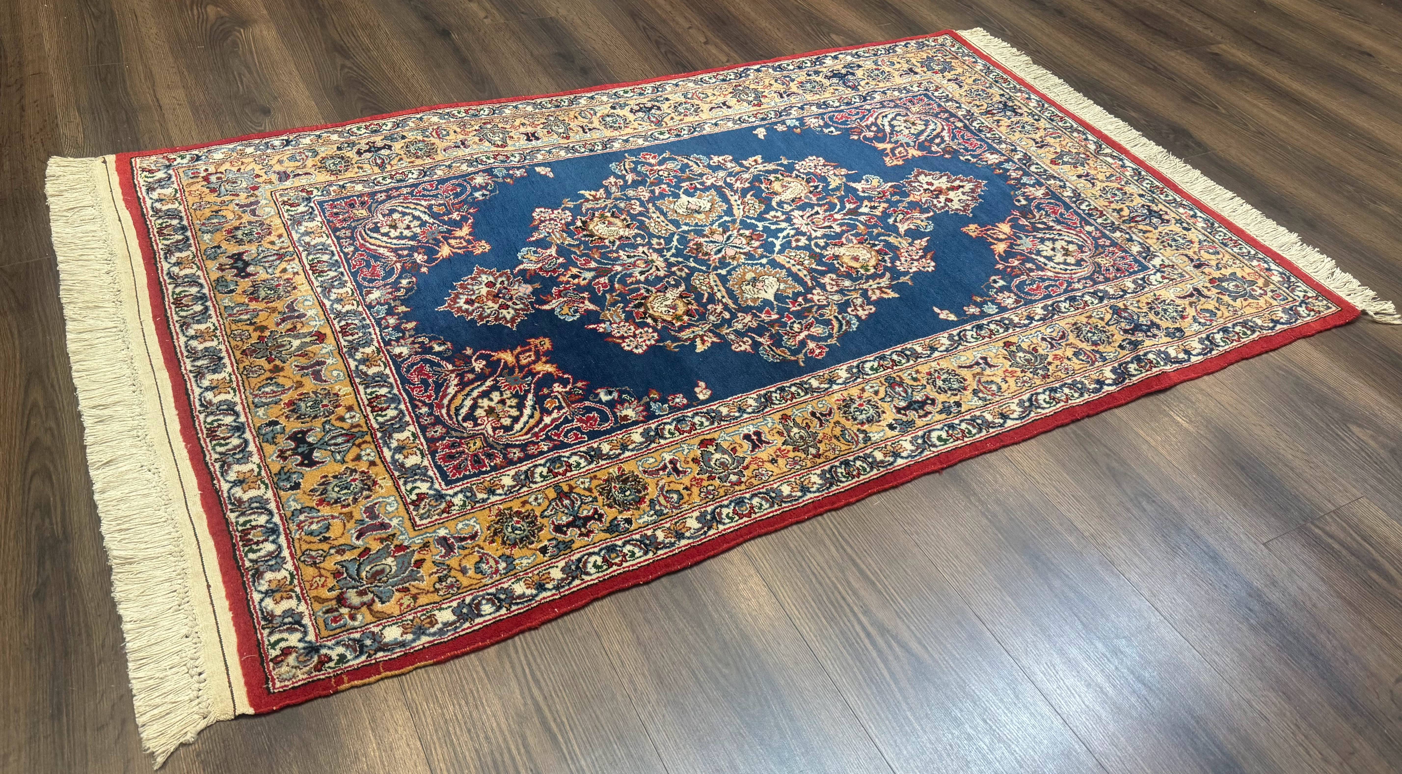 Blue Persian Qum Rug 3.6 x 5, Floral Medallion, Fine 310 KPSI - Jewel Rugs