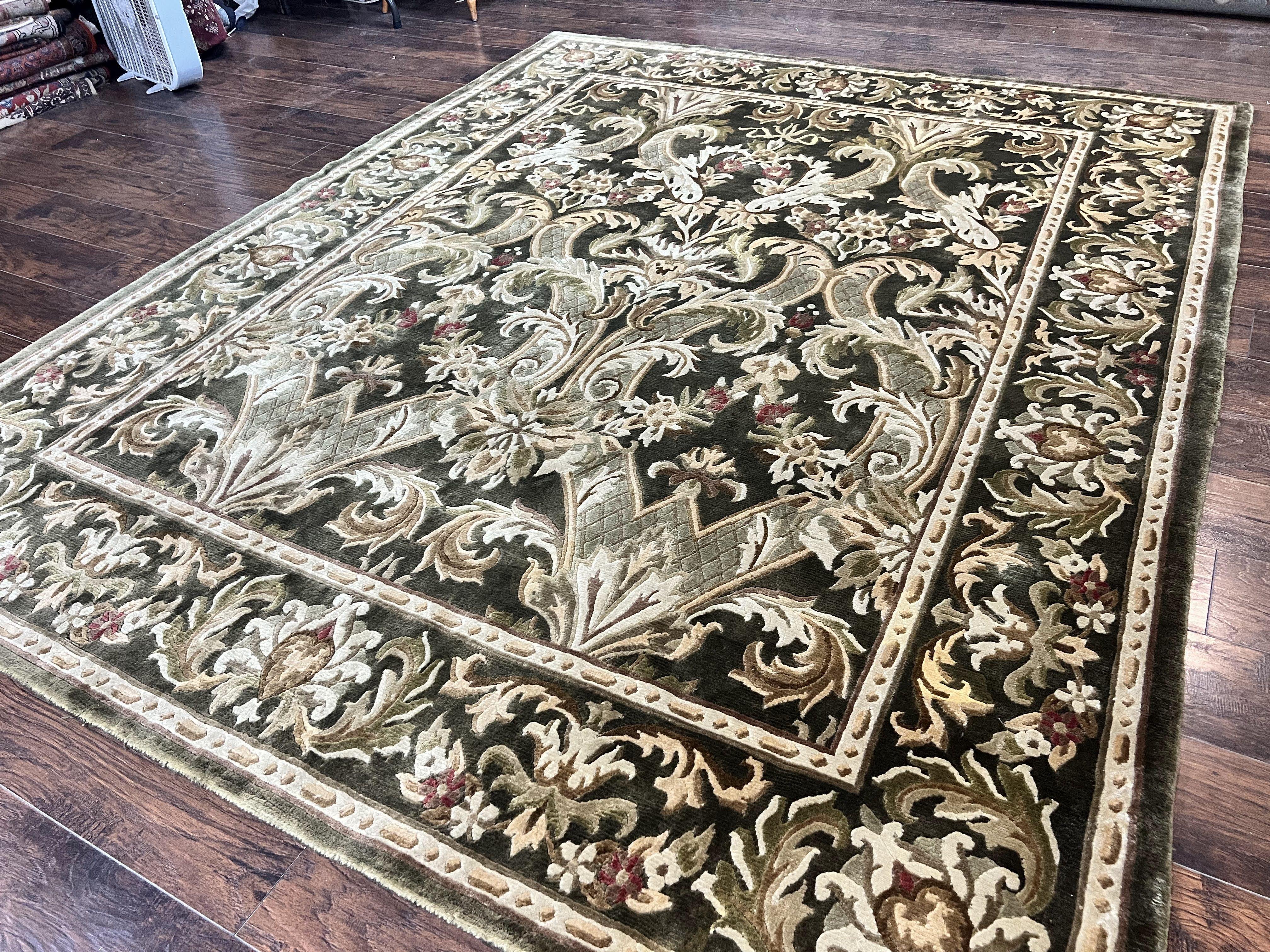 Tibetan Rug 8x10, European Design, Floral, Green, Handmade, Wool, Nepali Rug - Jewel Rugs