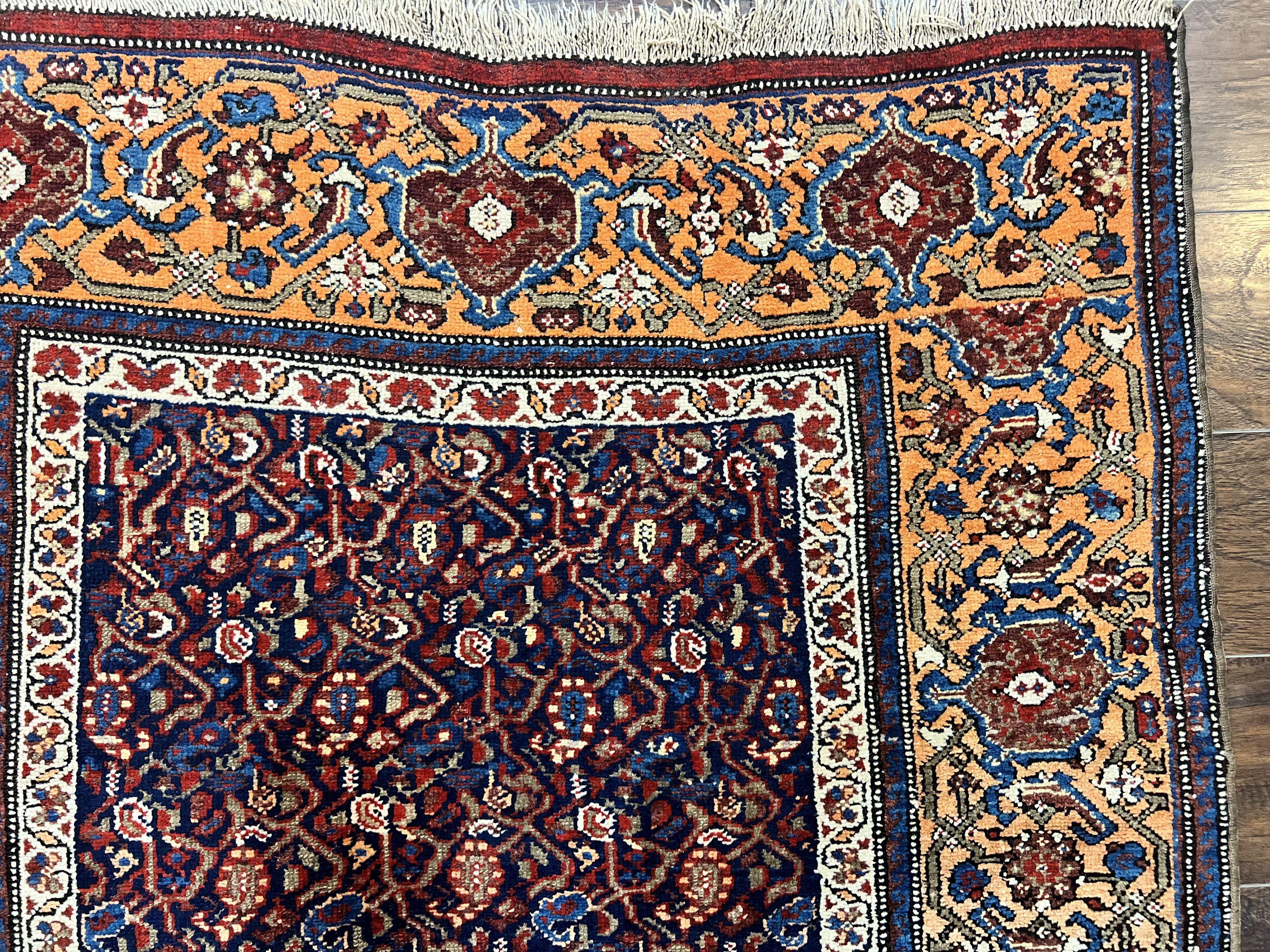 Persian Senneh Rug 4x8, Wool Hand Knotted Antique Kurdish Carpet, Navy Blue Oriental Area Rug, 4 x 8 Rug - Jewel Rugs