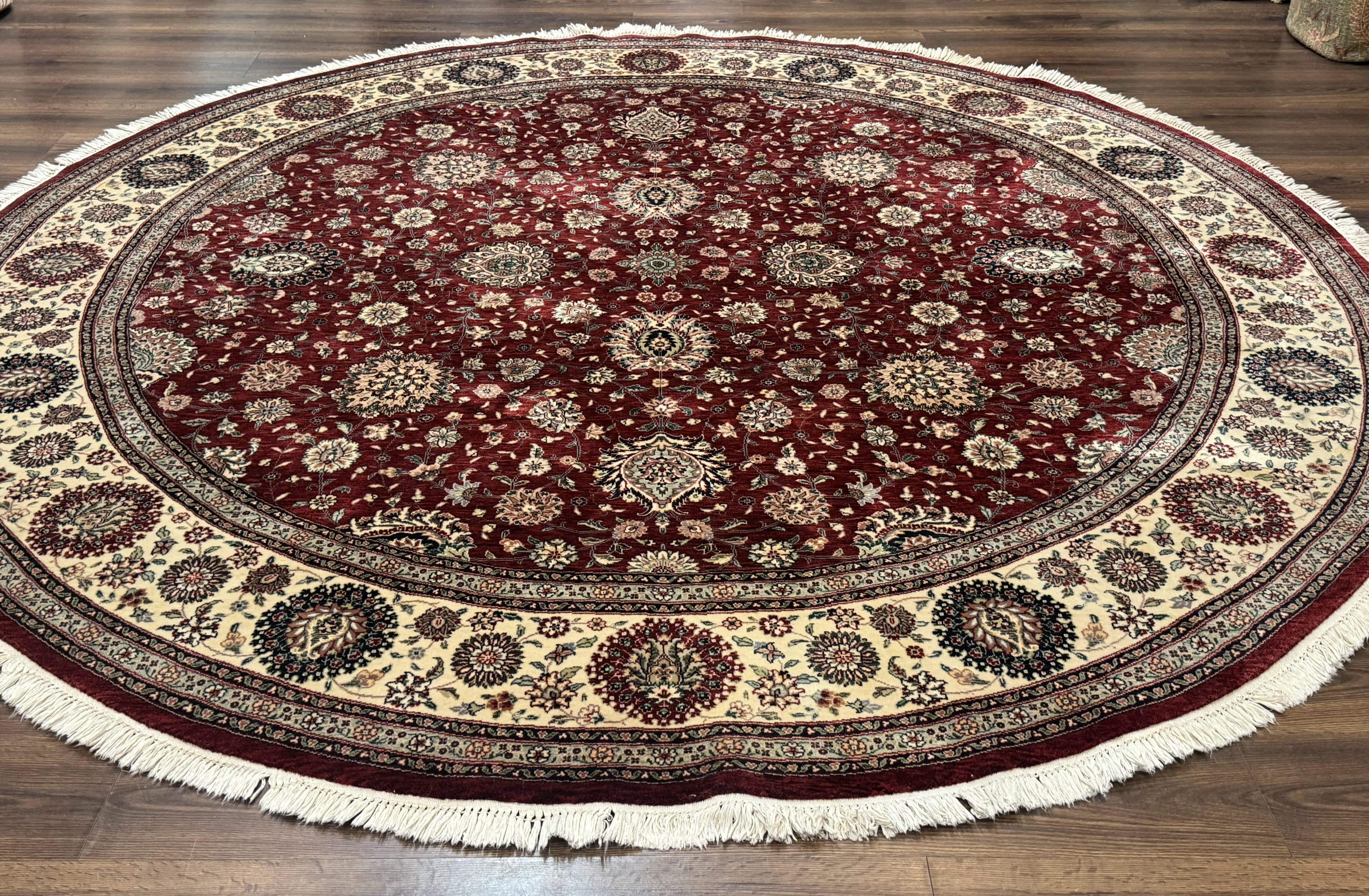 Round Sino Persian Rug 9x9, Burgundy and Cream, Floral, Wool and Silk, 9ft Round Carpet - Jewel Rugs