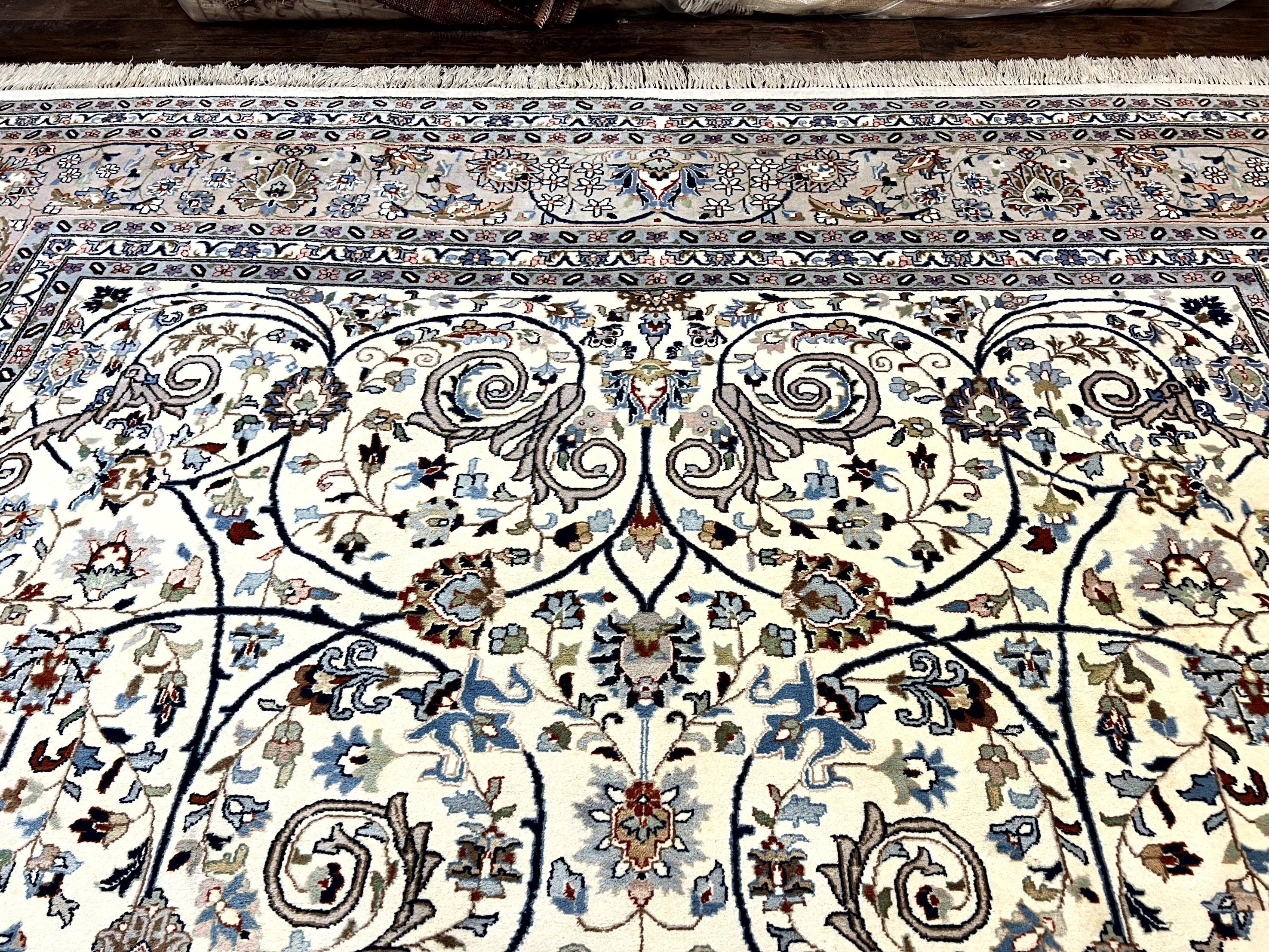 Indo Persian Rug 10x14, Floral Allover Pattern, Handmade Vintage Wool Carpet, Ivory/Cream - Jewel Rugs