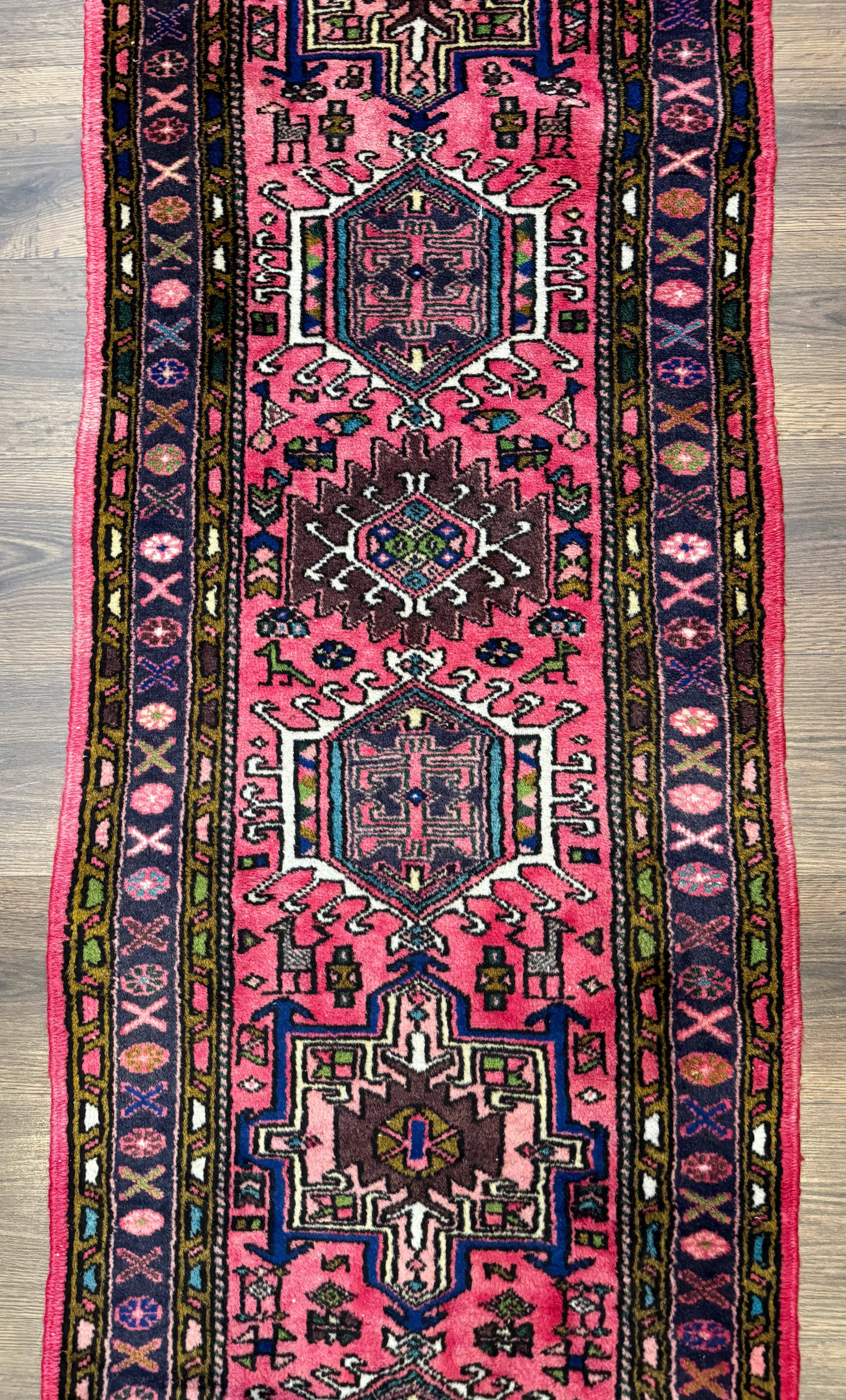 Vintage Persian Karajeh Runner Rug 2 x 9.8, Pink and Navy, Geometric Design - Jewel Rugs