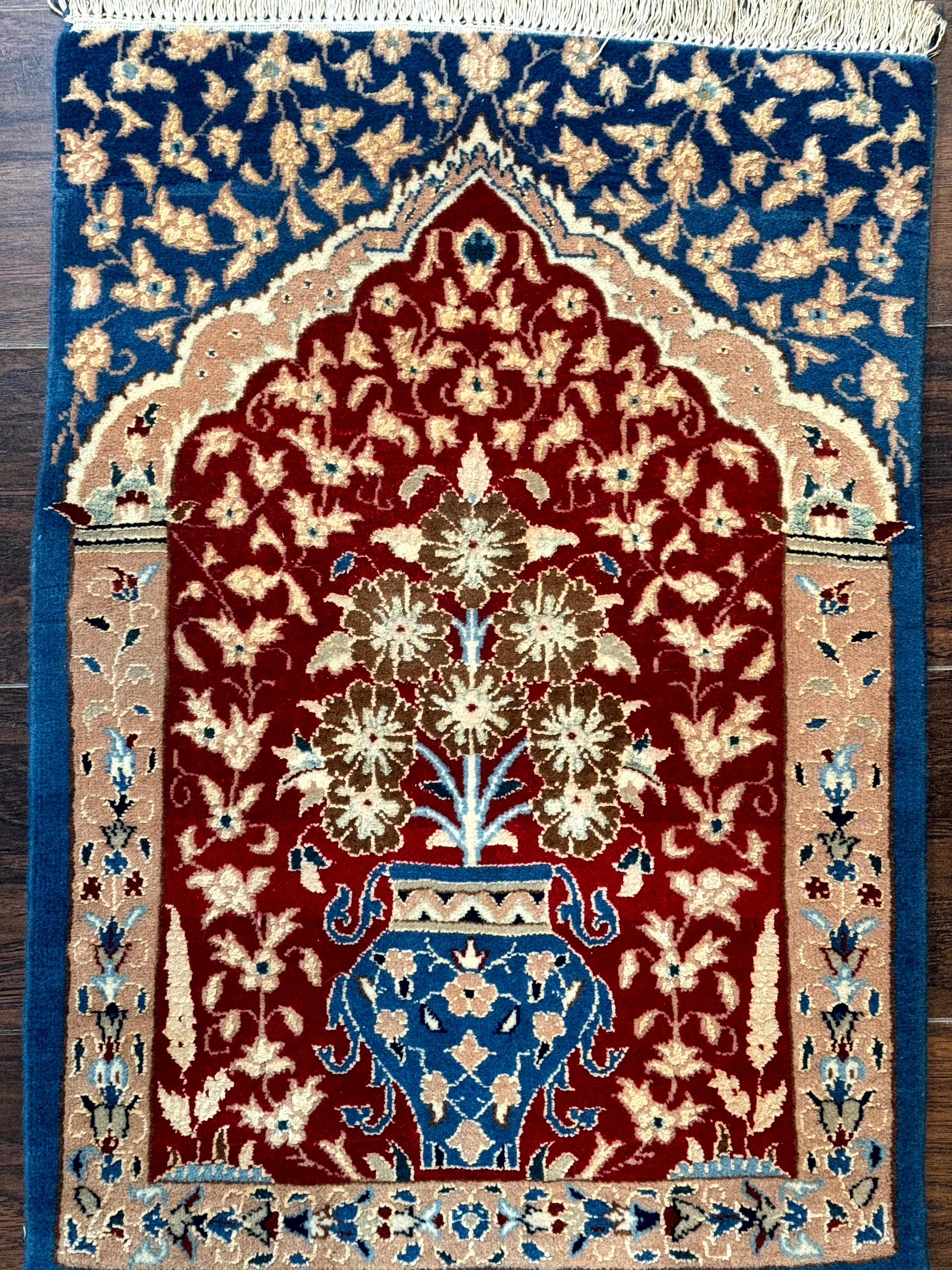 Small Persian Nain Rug, Persian Vase Tree of Life Design, Red and Blue, Very Fine 260 KPSI, Wool and Silk Highlights - Jewel Rugs