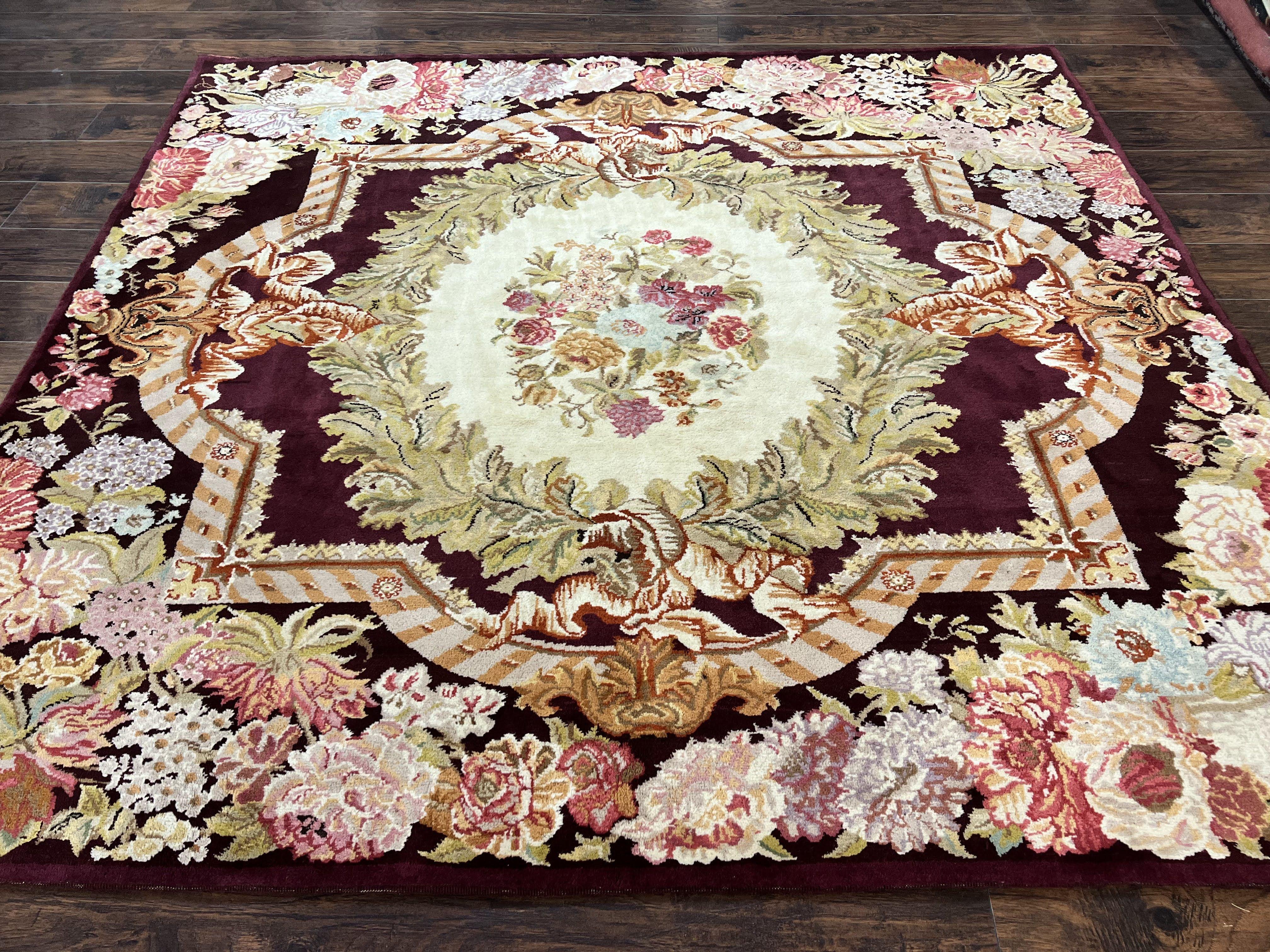 Square Aubusson Rug 8x8, French European Design, Handmade Aubusson Carpet with Pile, Vintage Area Rug, Maroon, Savonnerie Rug, 8 ft Square - Jewel Rugs