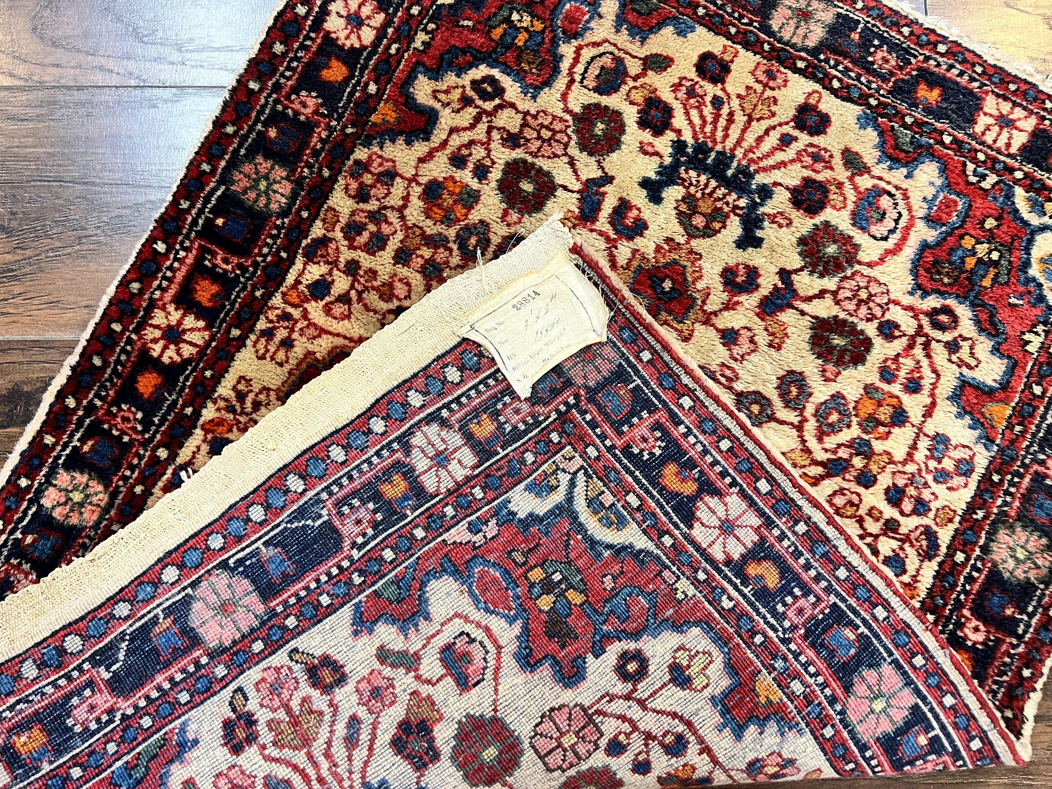 Persian Sarouk Rug 2x3, Antique Wool Hand Knotted Carpet, Cream/Ivory & Red, Small Floral Medallion Rug, Handmade Oriental Carpet - Jewel Rugs