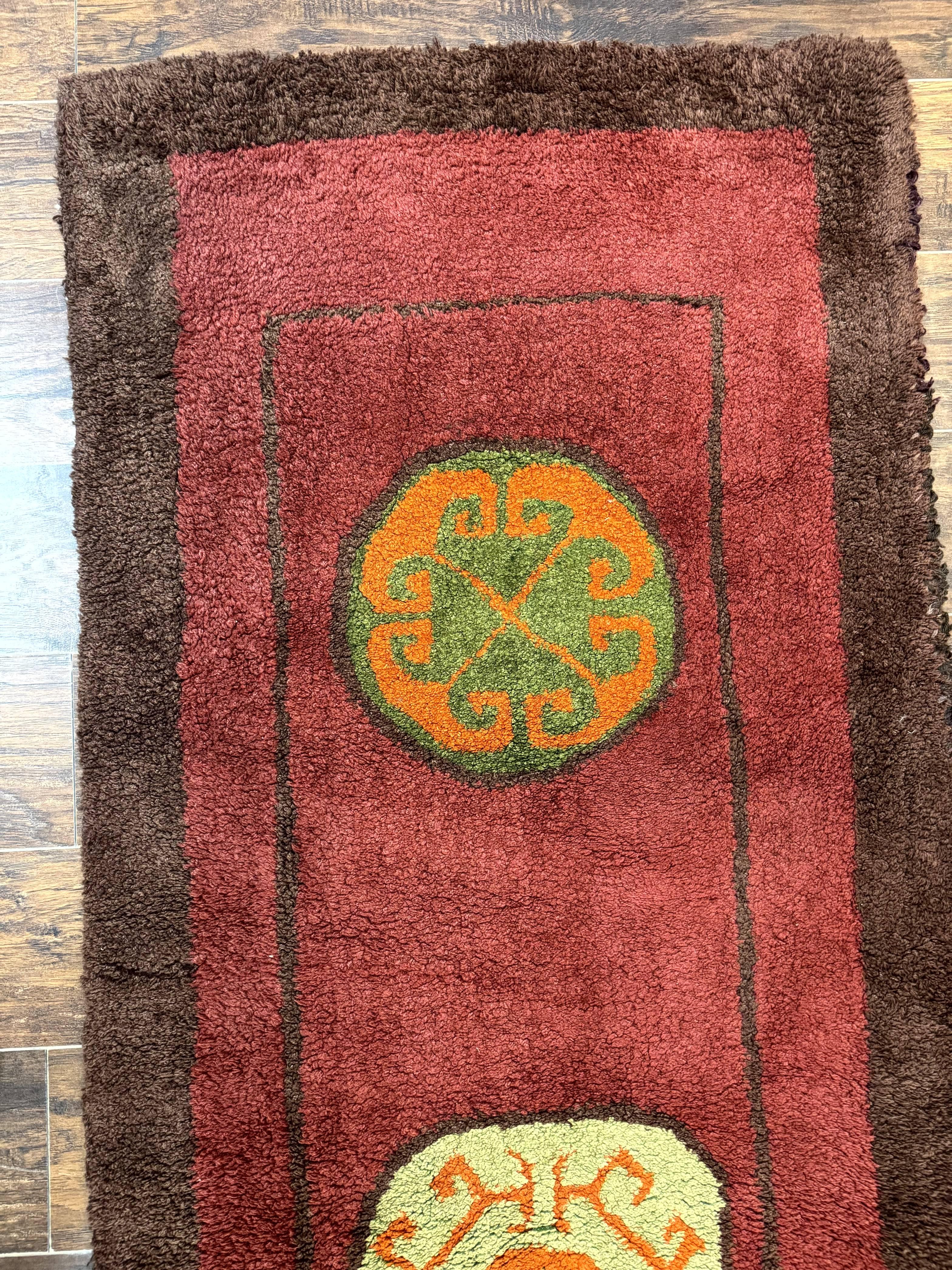 German Hooked Runner Rug 3x8, Vintage, Red, Wool - Jewel Rugs