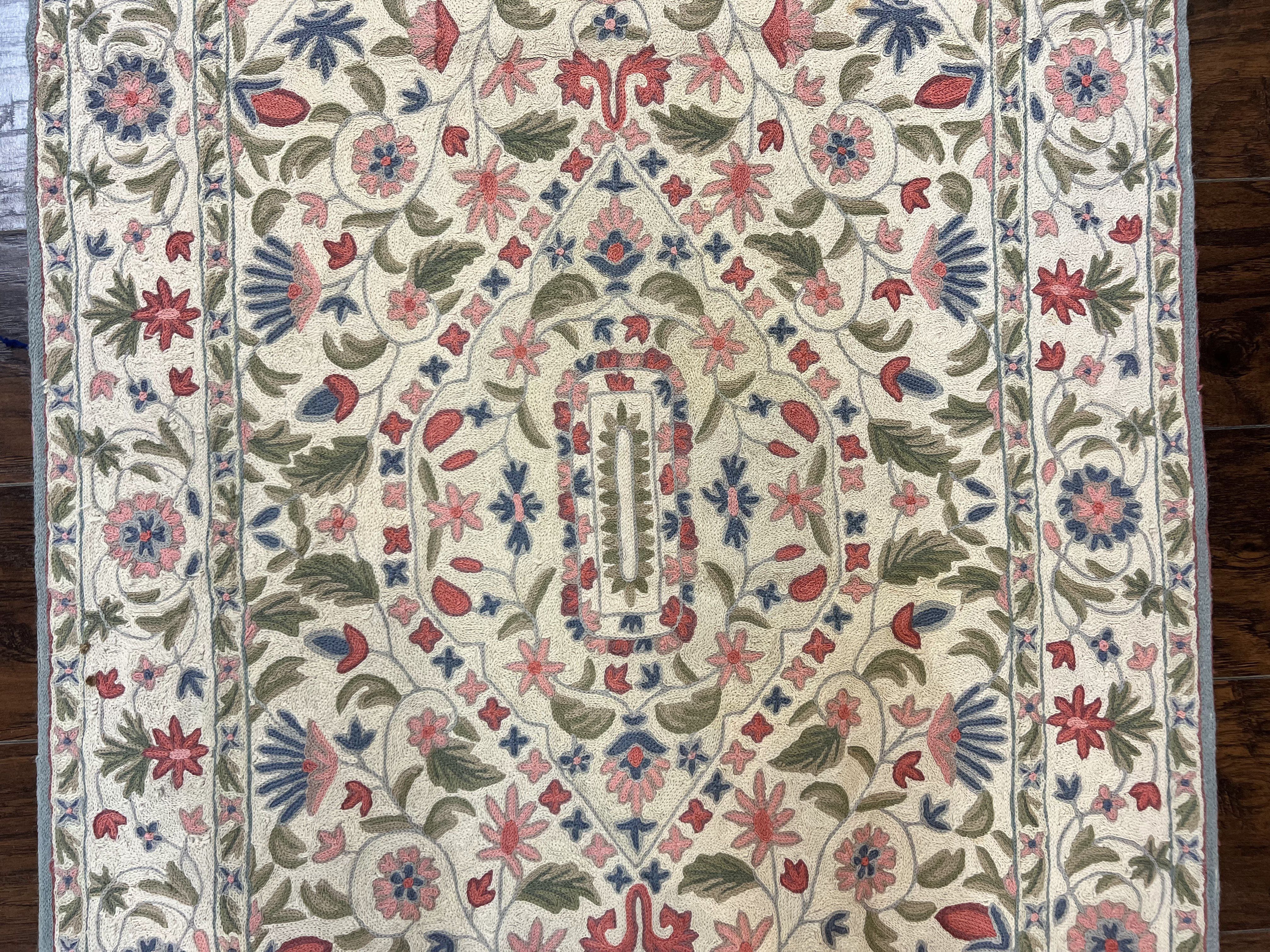 Hand Stitched Indian Rug 4x5, Floral, Vintage Hand Embroidered Rug - Jewel Rugs